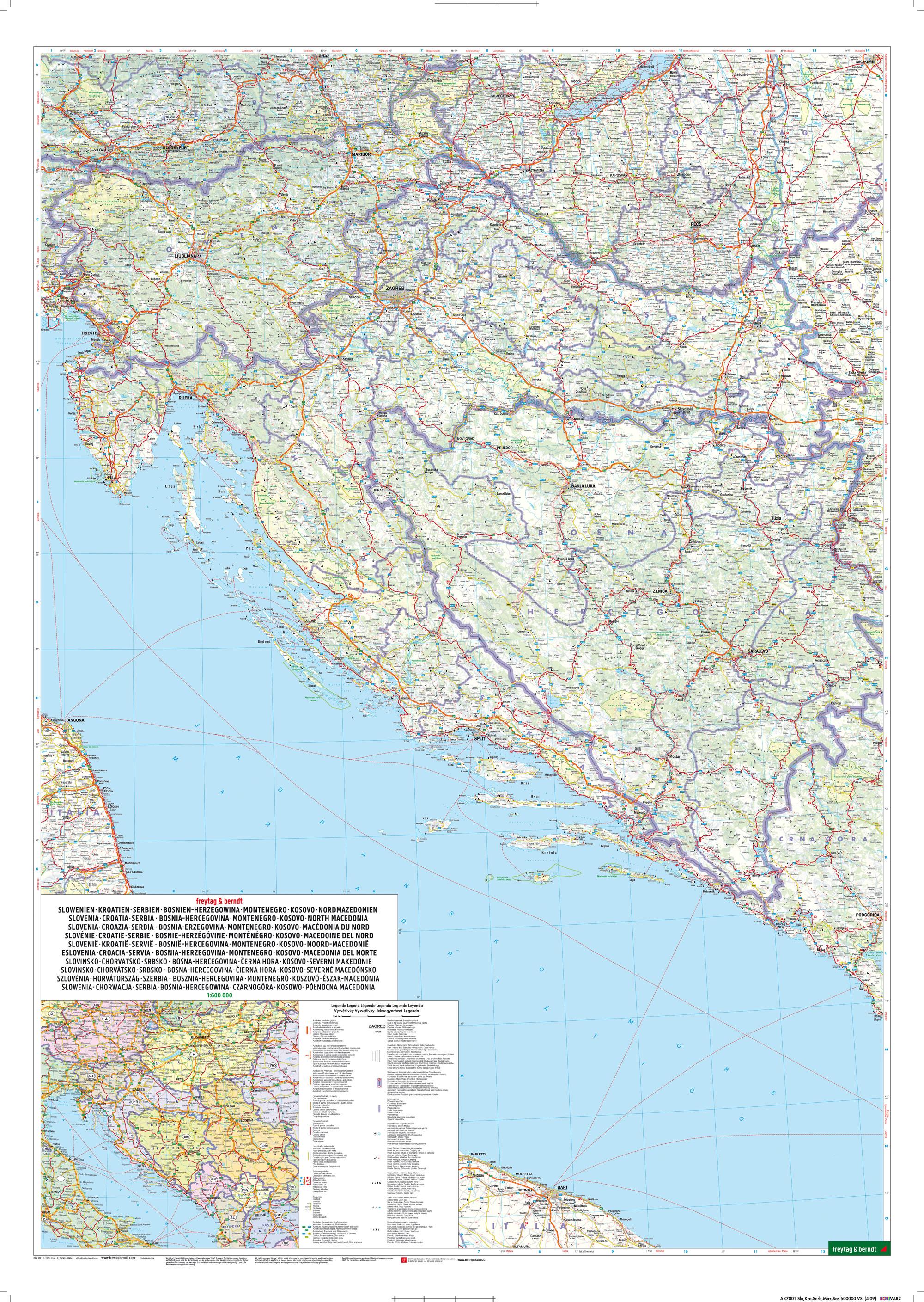 Beispielinhalt (Bild) Slowenien - Kroatien - Serbien - Bosnien-Herzegowina - Montenegro - Kosovo - Nordmazedonien, Straßenkarte 1:600.000, freytag & berndt