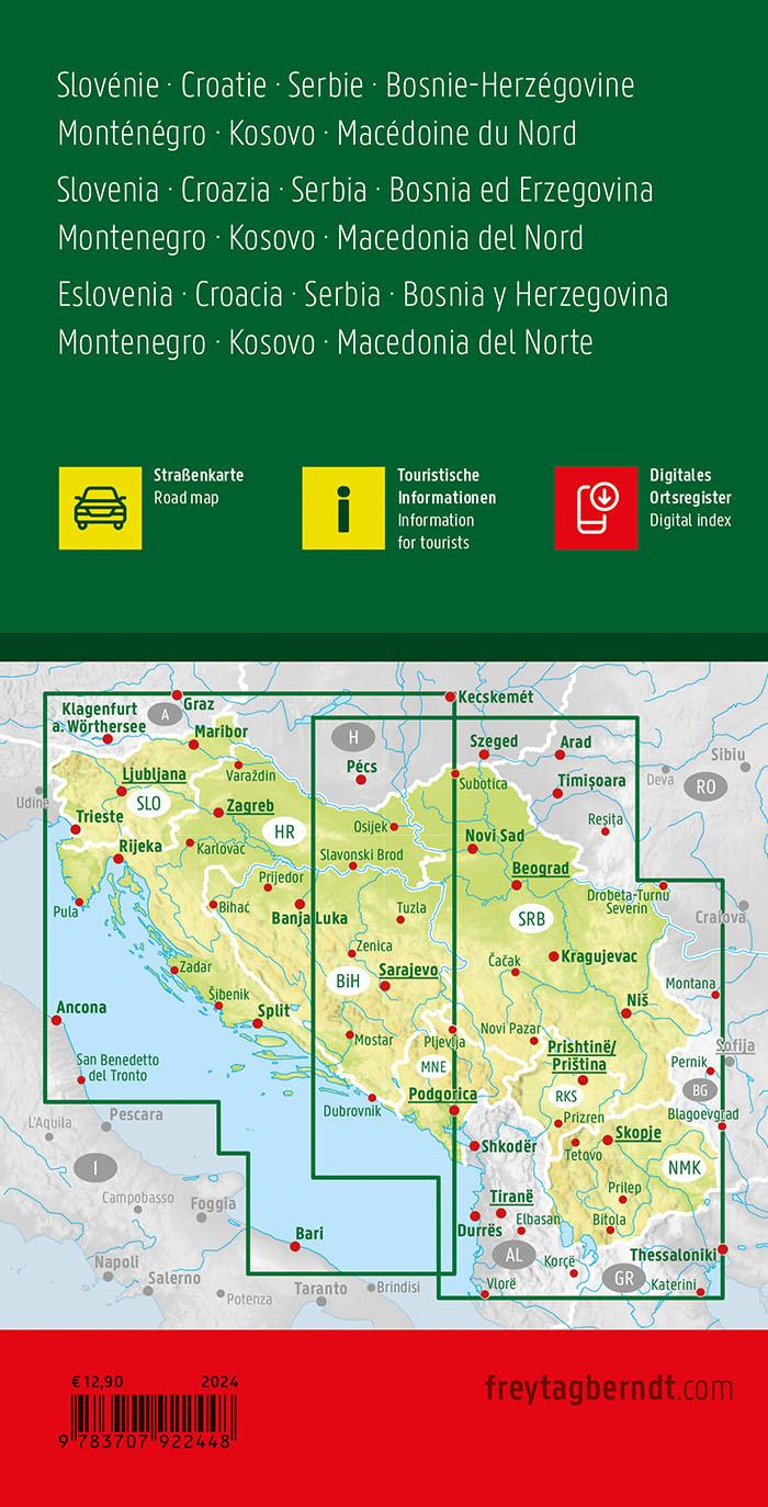Rückseitencover Slowenien - Kroatien - Serbien - Bosnien-Herzegowina - Montenegro - Kosovo - Nordmazedonien, Straßenkarte 1:600.000, freytag & berndt