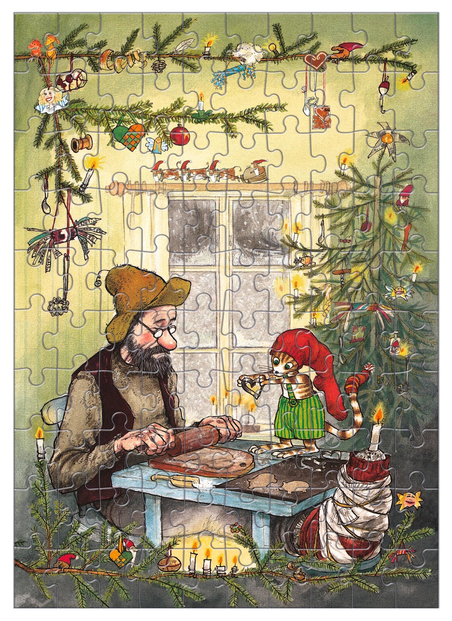 Beispielinhalt (Bild) Pettersson und Findus feiern Weihnachten. Puzzle im Buch. 100 Teile