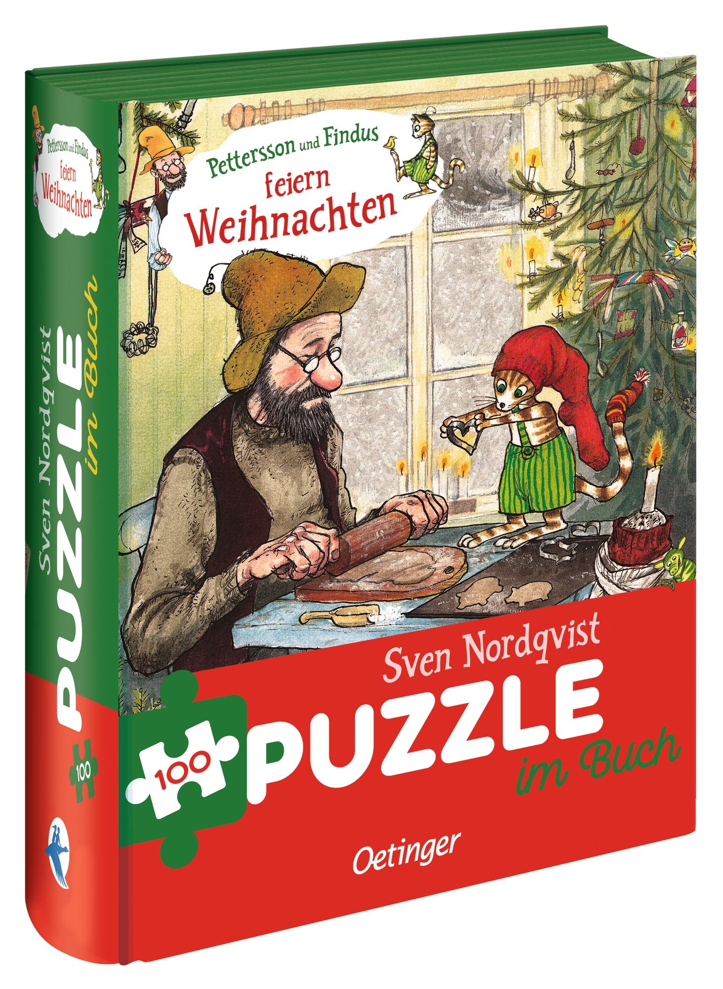 Vorderes Coverbild Pettersson und Findus feiern Weihnachten. Puzzle im Buch. 100 Teile