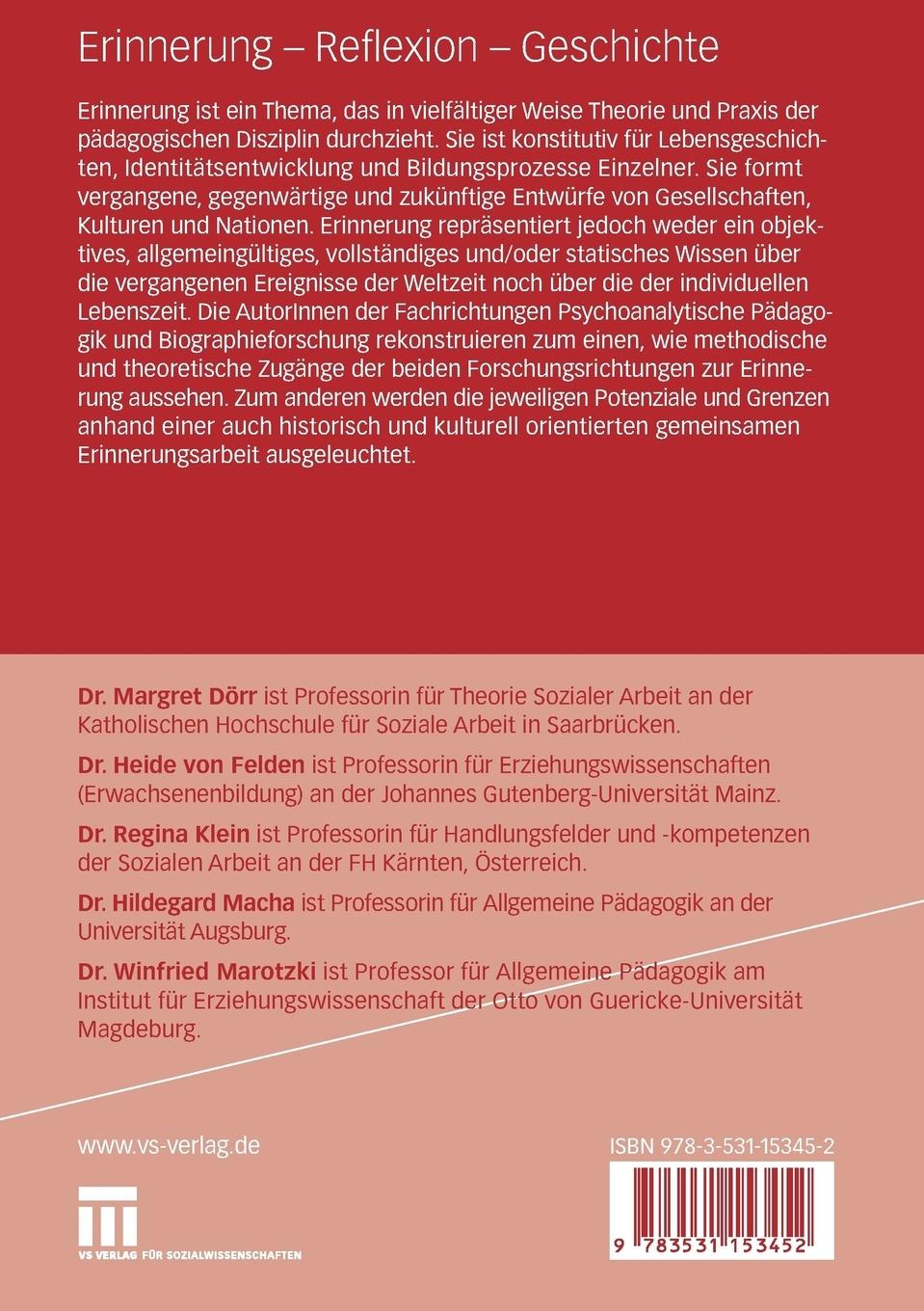 Rückseitencover Erinnerung - Reflexion - Geschichte