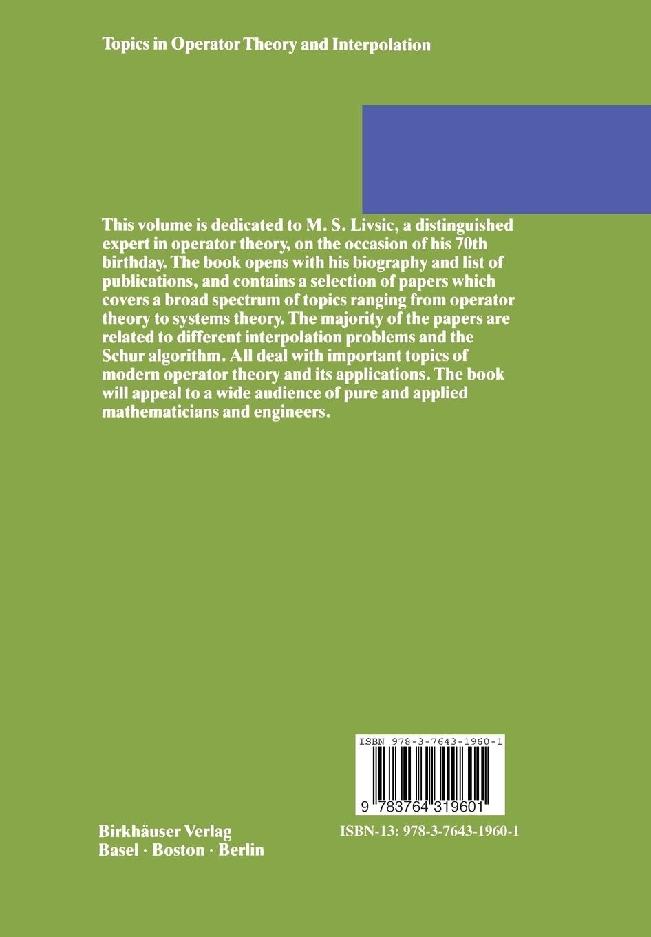 Rückseitencover Topics in Operator Theory and Interpolation