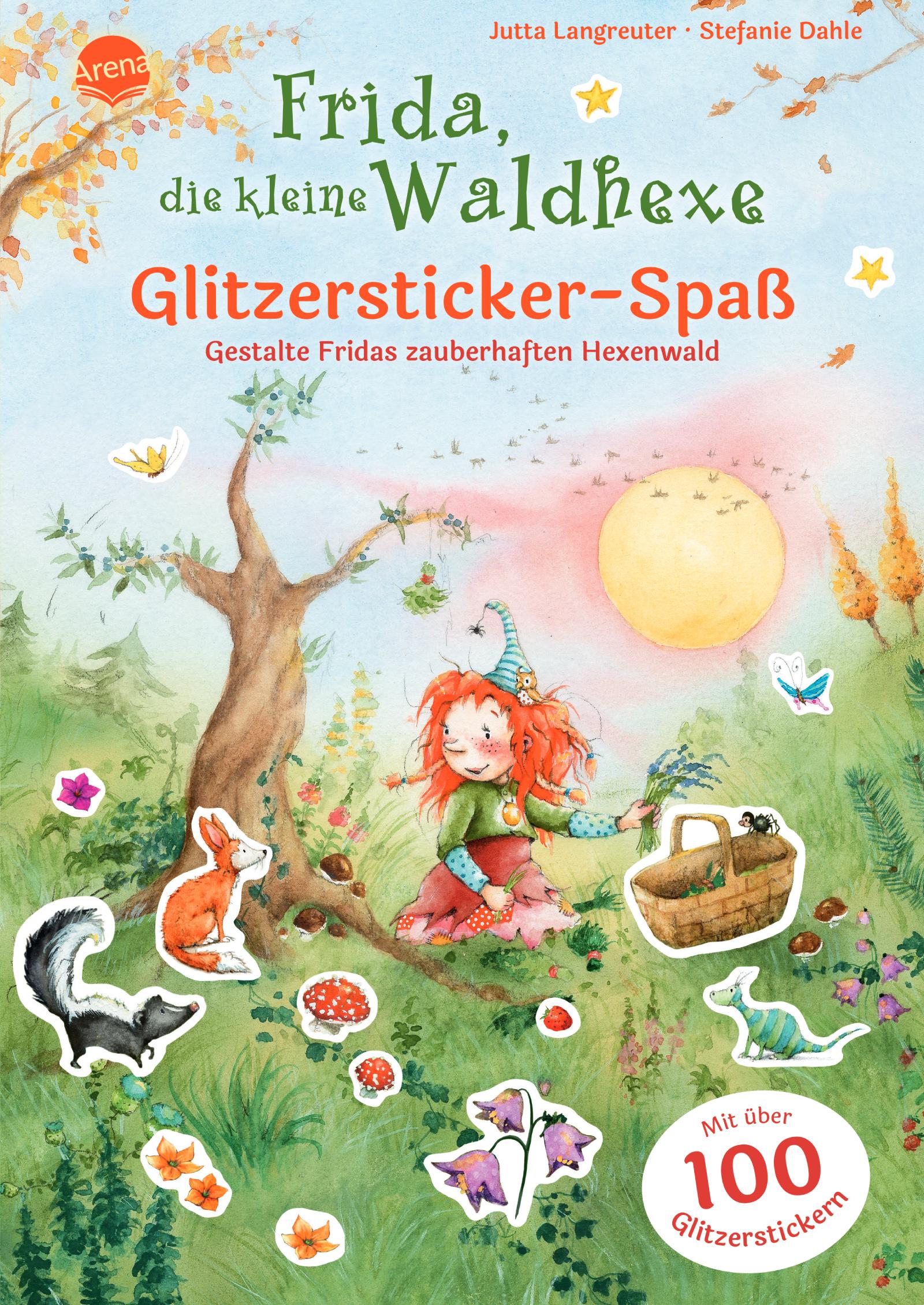 Vorderes Coverbild Frida, die kleine Waldhexe. Glitzersticker-Spaß. Gestalte Fridas zauberhaften Hexenwald