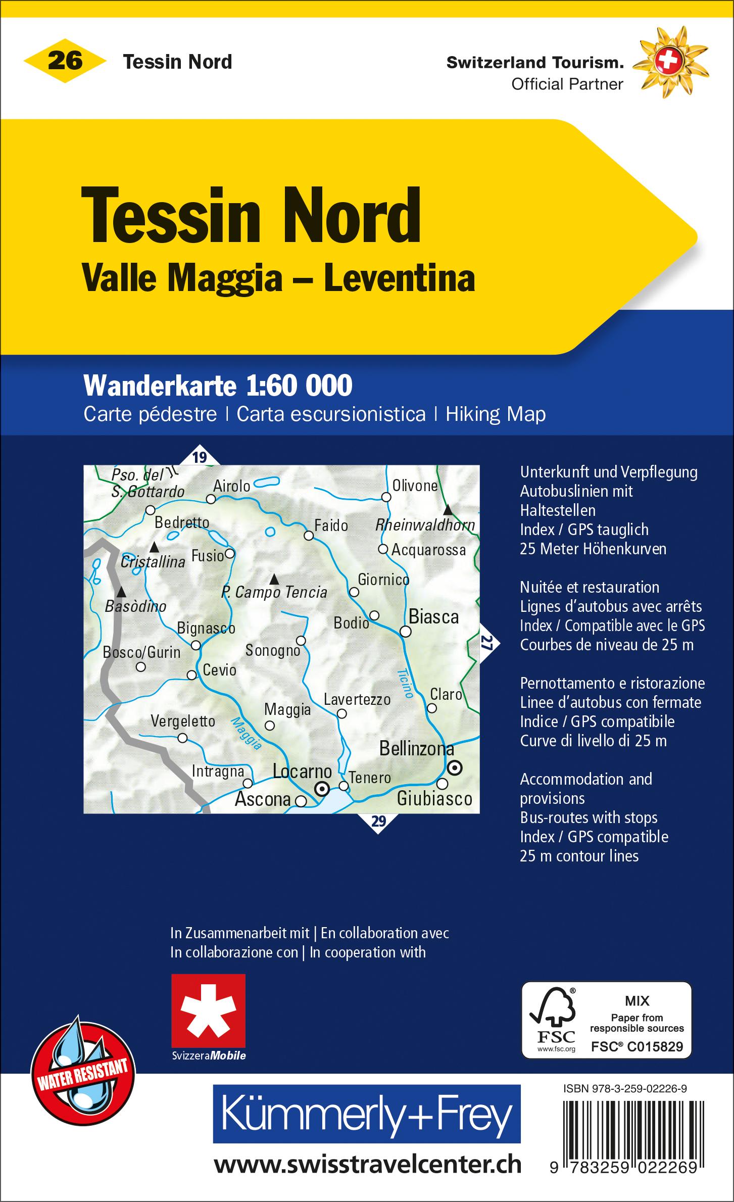 Rückseitencover Kümmerly+Frey Wanderkarte 26 Ticino, Sopraceneri 1:60.000