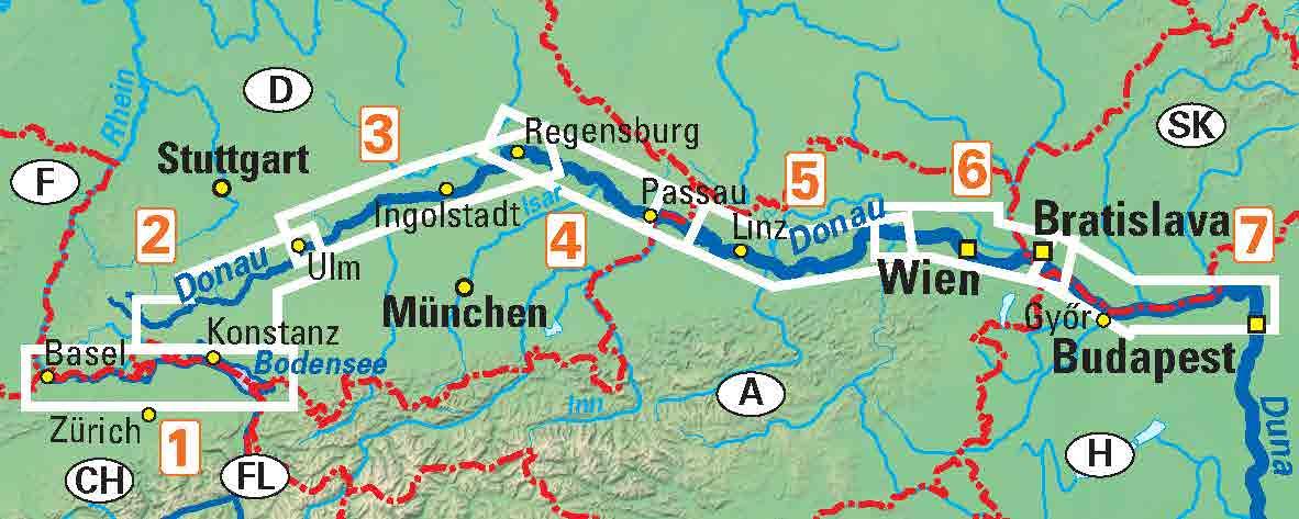 Beispielinhalt (Bild) EuroVelo 6 (Basel - Budapest) 1: 100 000