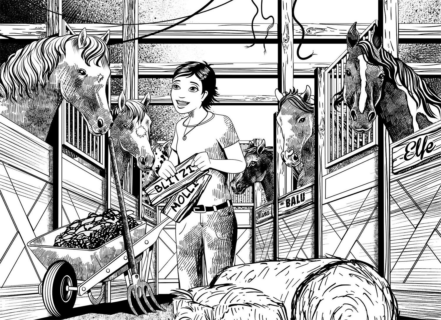 Beispielinhalt (Bild) Die drei !!!, Rätsel der schwarzen Pferde