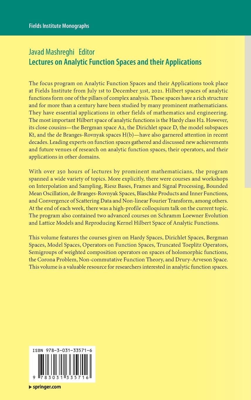 Rückseitencover Lectures on Analytic Function Spaces and their Applications