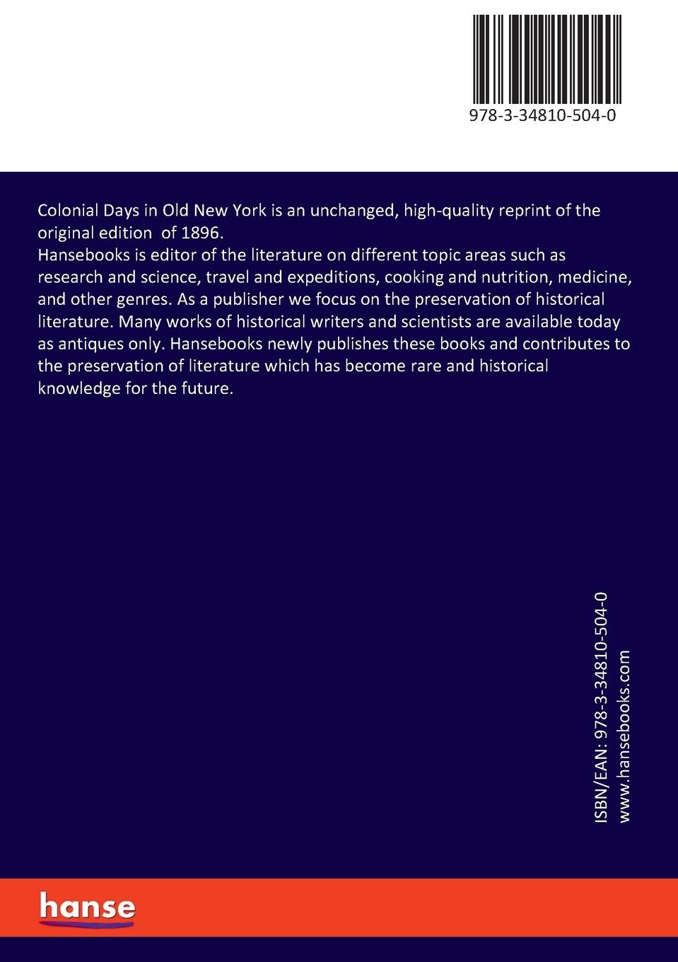 Rückseitencover Colonial Days in Old New York
