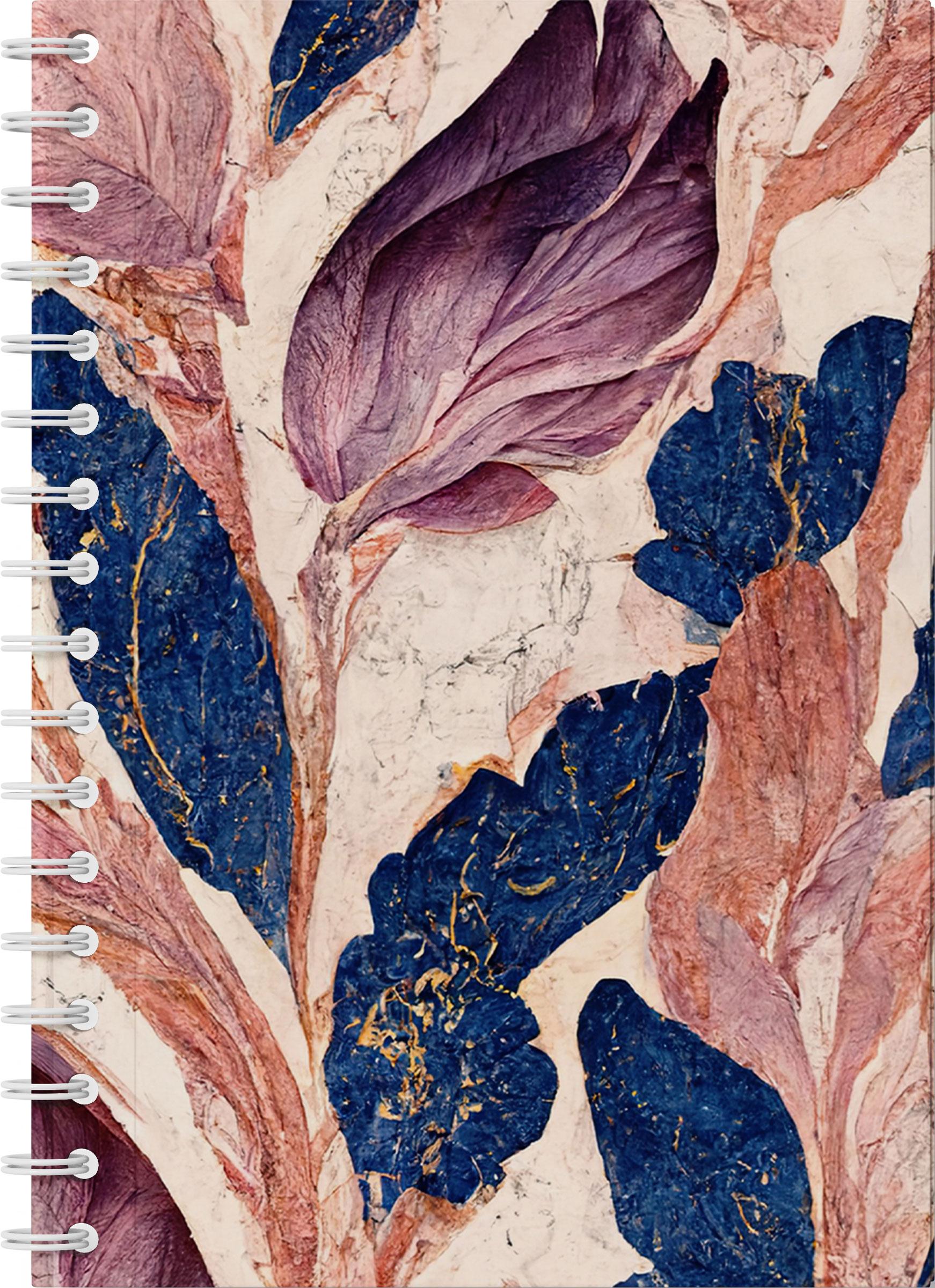 Vorderes Coverbild Marmorträume - Premium Spiral-Notizbuch A5 Soft-Touch liniert. Violett-blaue Marmorillusion mit schimmernden goldenen Details