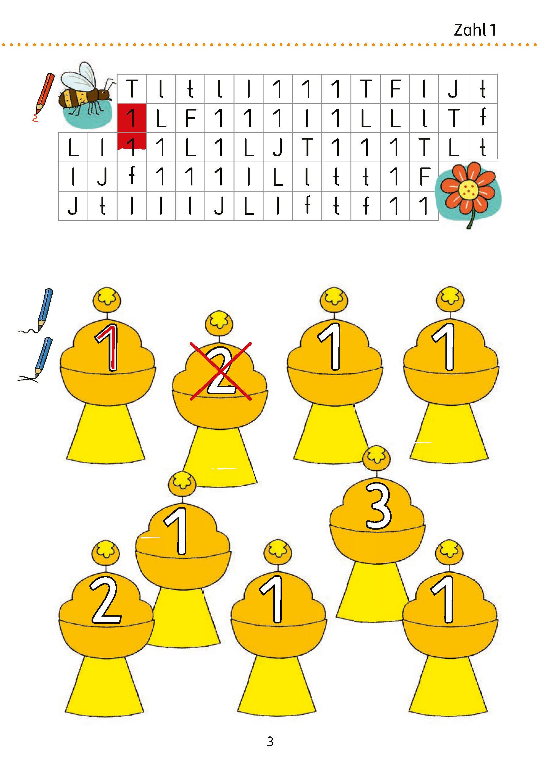 Beispielinhalt (Bild) Mein Übungsheft Zahlen schreiben lernen 1-10 - Vorschule, Schulanfang, 1. Klasse: Zählen, Mengen, erstes Rechnen