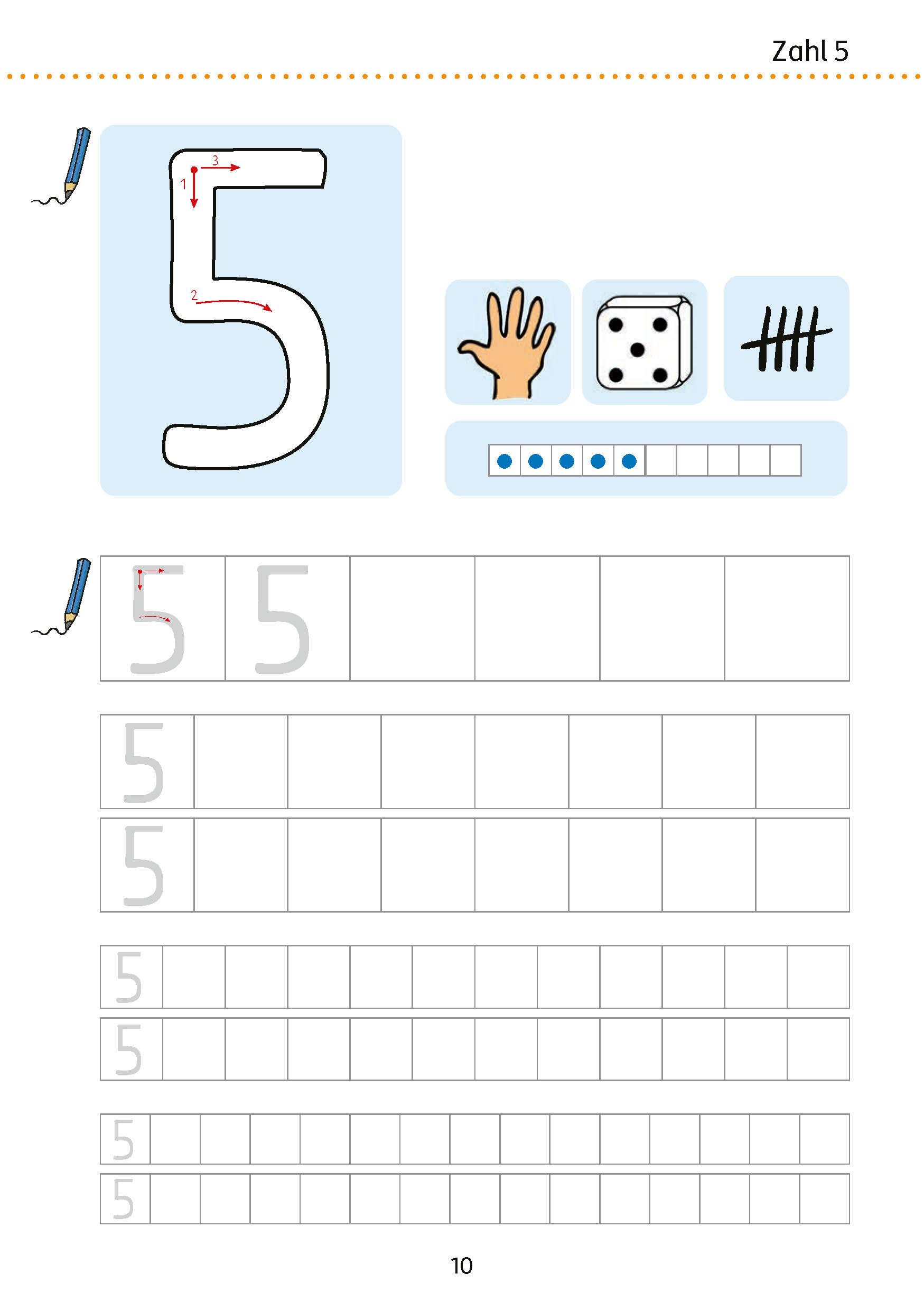 Beispielinhalt (Bild) Mein Übungsheft Zahlen schreiben lernen 1-10 - Vorschule, Schulanfang, 1. Klasse: Zählen, Mengen, erstes Rechnen