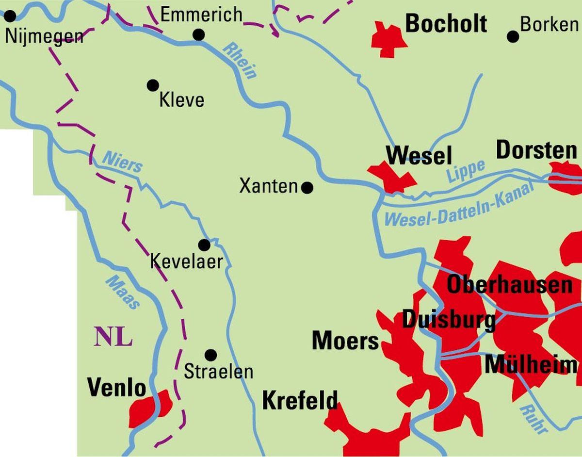 Beispielinhalt (Bild) ADFC-Regionalkarte Niederrhein Nord, 1:75.000, mit Tagestourenvorschlägen, reiß- und wetterfest, E-Bike-geeignet, mit Knotenpunkten, GPS-Tracks Download