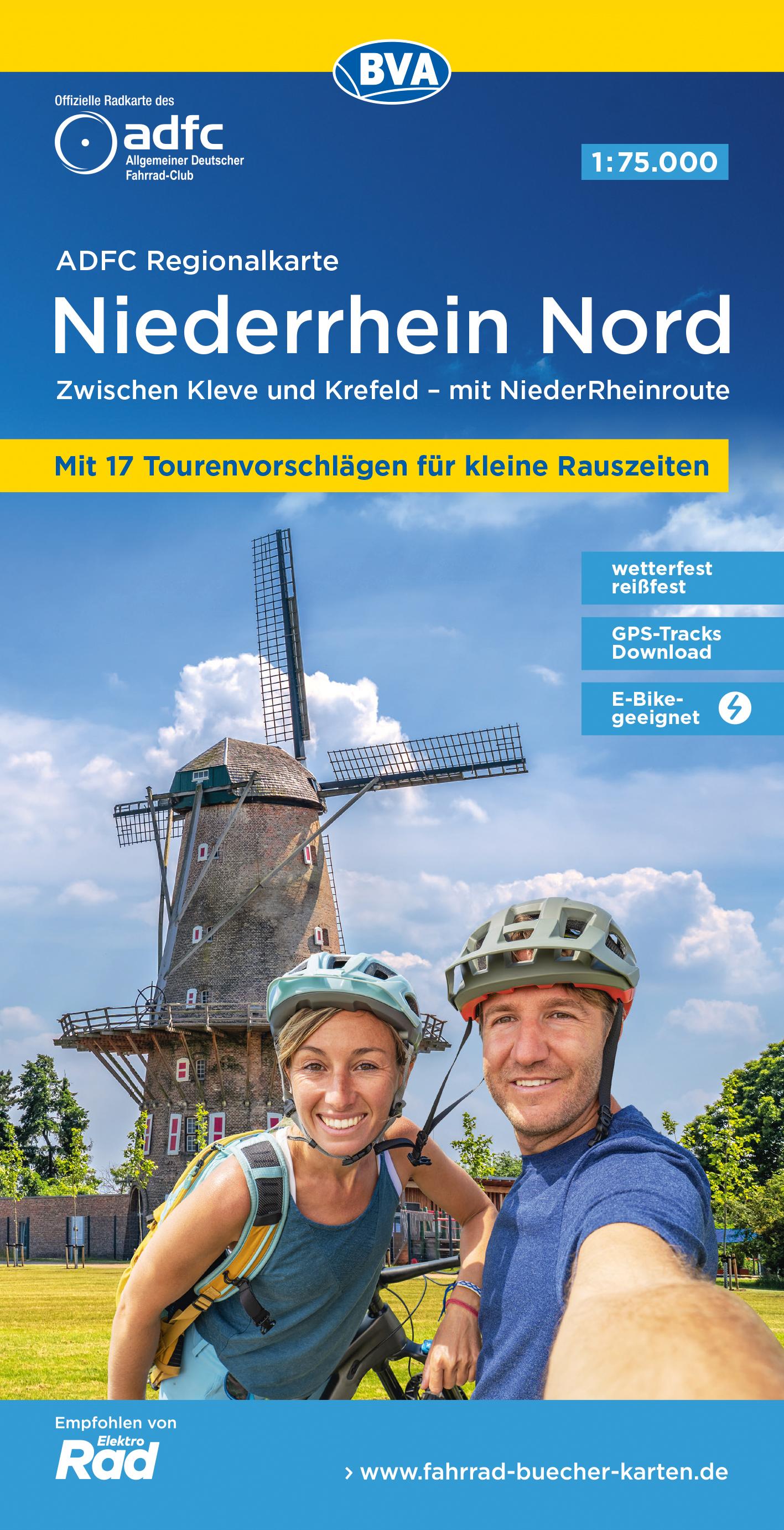Vorderes Coverbild ADFC-Regionalkarte Niederrhein Nord, 1:75.000, mit Tagestourenvorschlägen, reiß- und wetterfest, E-Bike-geeignet, mit Knotenpunkten, GPS-Tracks Download