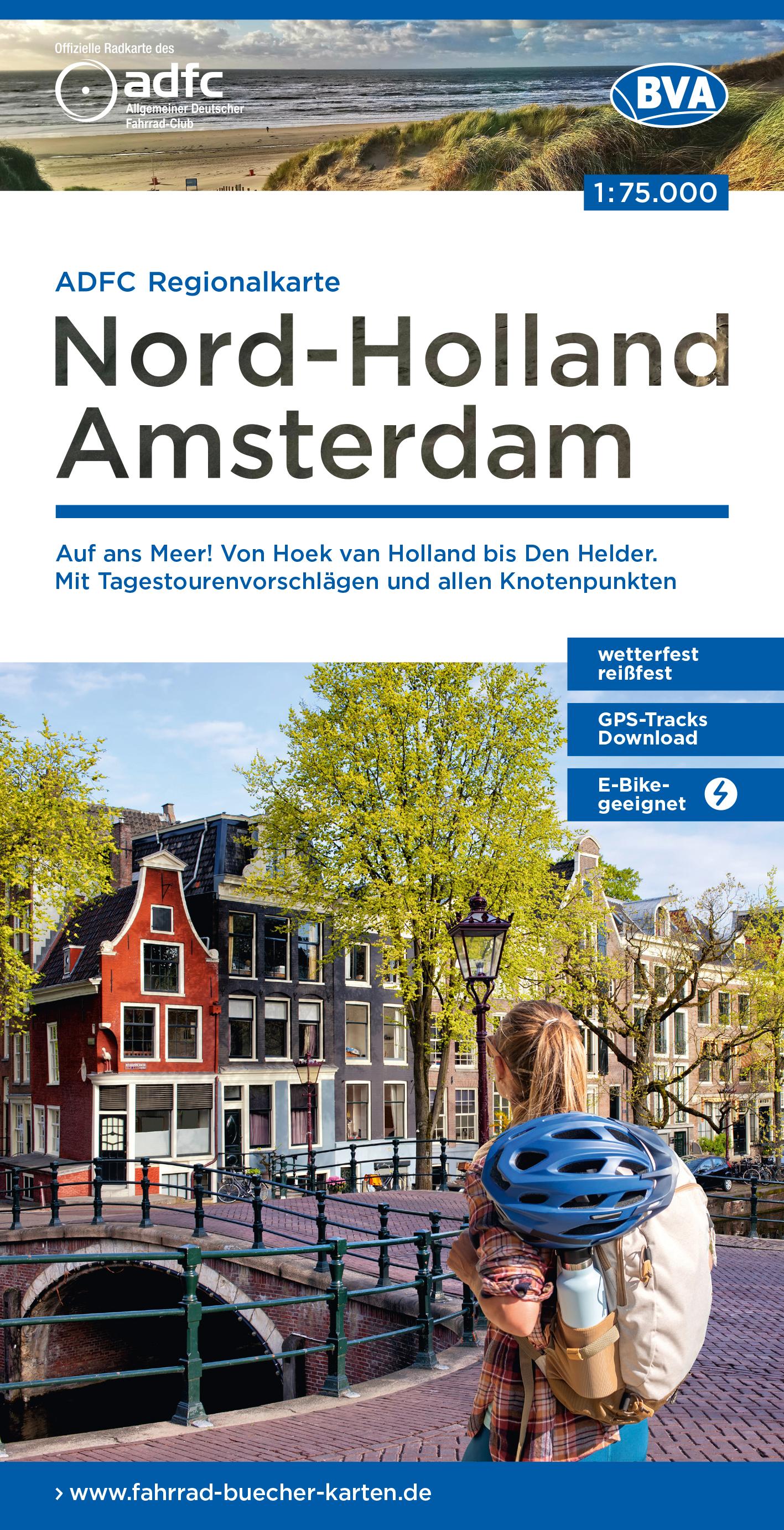 Vorderes Coverbild ADFC-Regionalkarte Nord-Holland Amsterdam, 1:75.000, mit Tagestourenvorschlägen und allen Knotenpunkten, reiß- und wetterfest, E-Bike-geeignet, GPS-Tracks Download