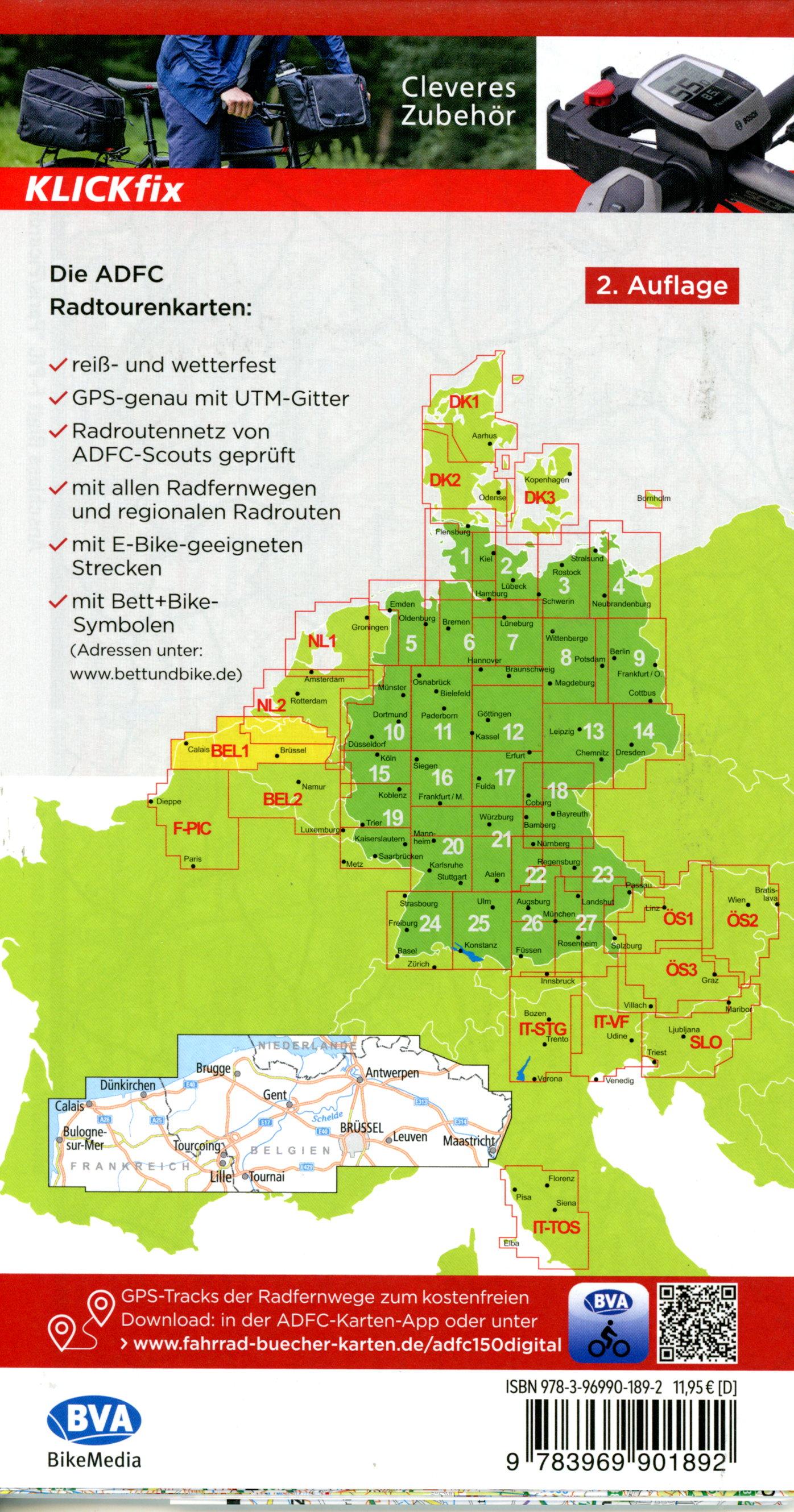 Beispielinhalt (Bild) ADFC-Radtourenkarte BEL 1 Belgien Flandern 1:150.000, reiß- und wetterfest, E-Bike geeignet, GPS-Tracks Download, mit Kilometer-Angaben