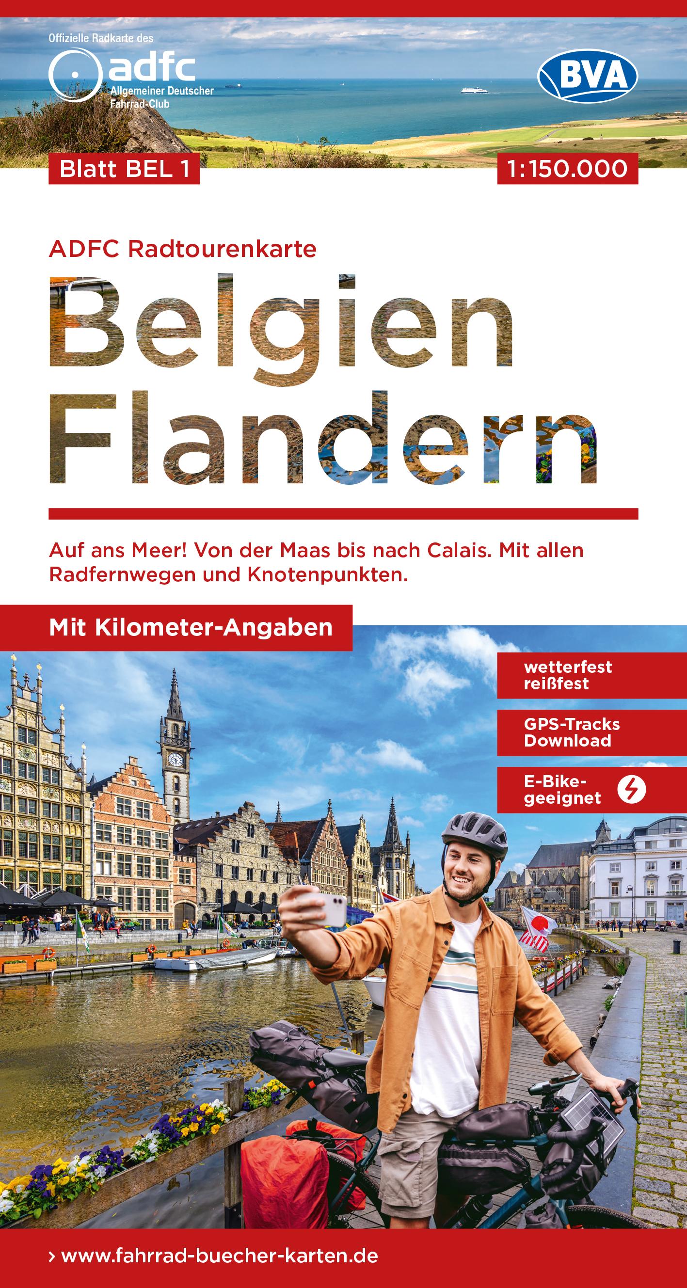 Vorderes Coverbild ADFC-Radtourenkarte BEL 1 Belgien Flandern 1:150.000, reiß- und wetterfest, E-Bike geeignet, GPS-Tracks Download, mit Kilometer-Angaben