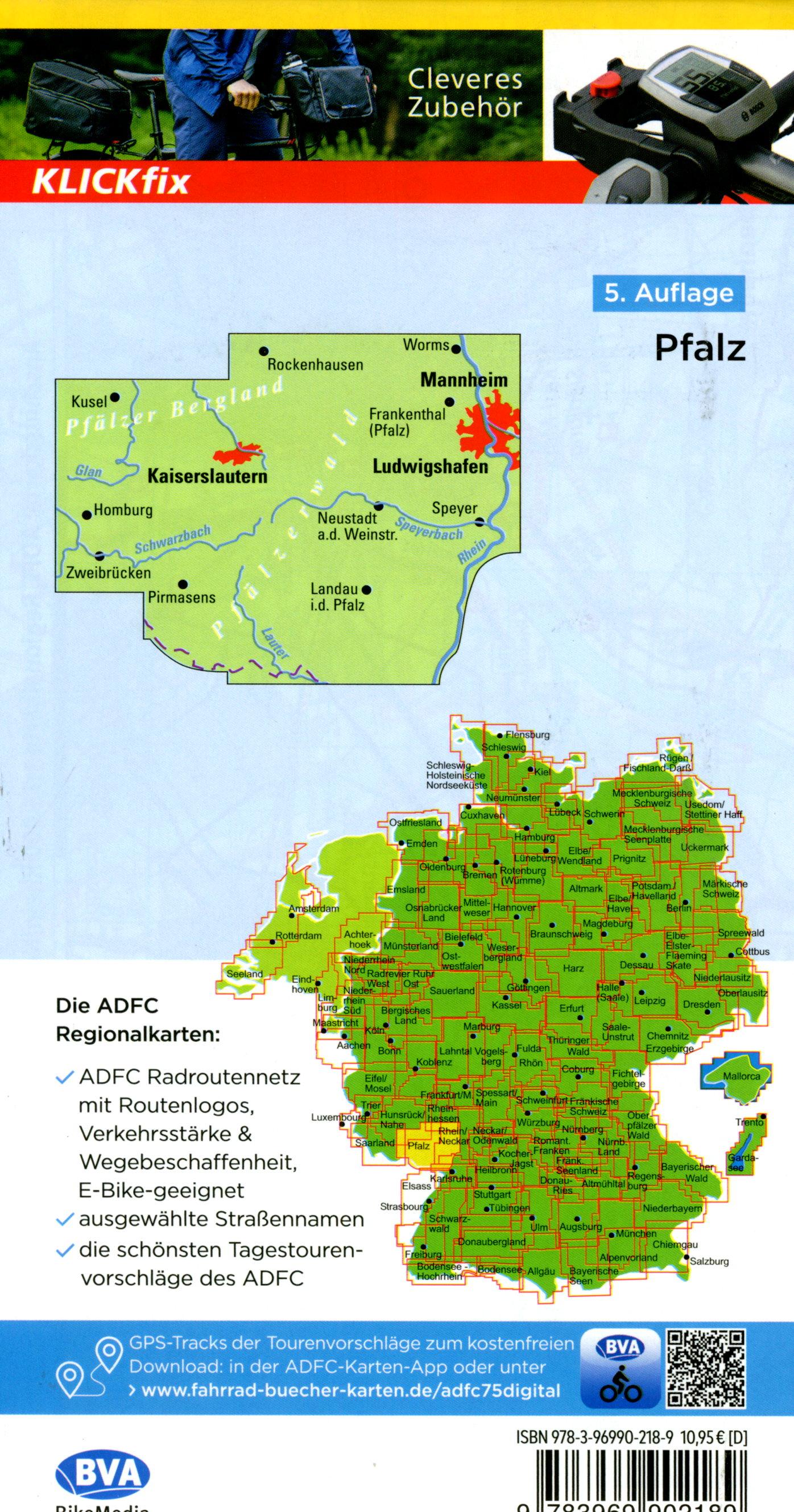 Beispielinhalt (Bild) ADFC-Regionalkarte Pfalz, 1:75.000, mit Tagestourenvorschlägen, reiß- und wetterfest, E-Bike-geeignet, GPS-Tracks Download