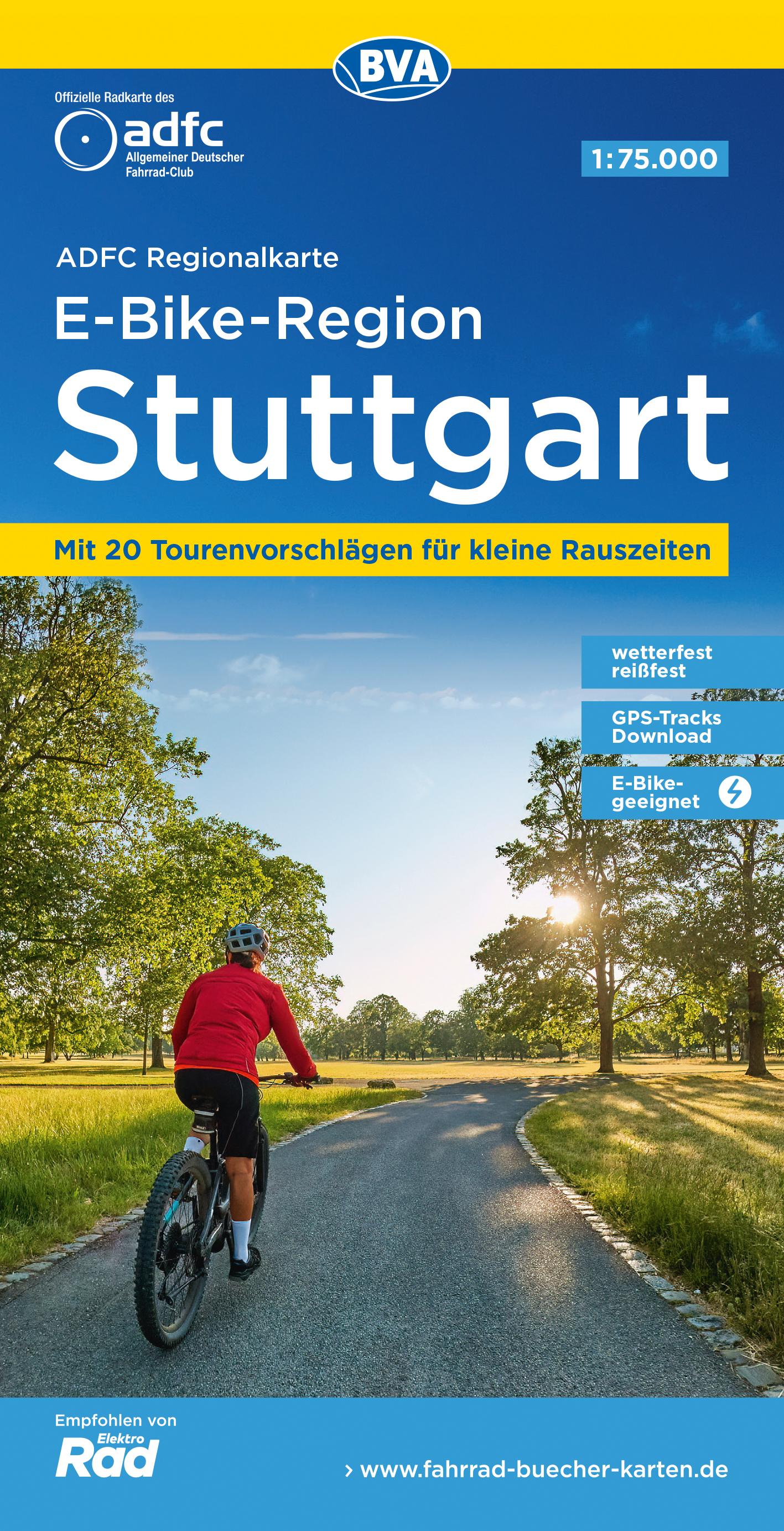 Vorderes Coverbild ADFC-Regionalkarte E-Bike-Region Stuttgart, 1:75.000, mit Tagestourenvorschlägen, reiß- und wetterfest, GPS-Tracks Download