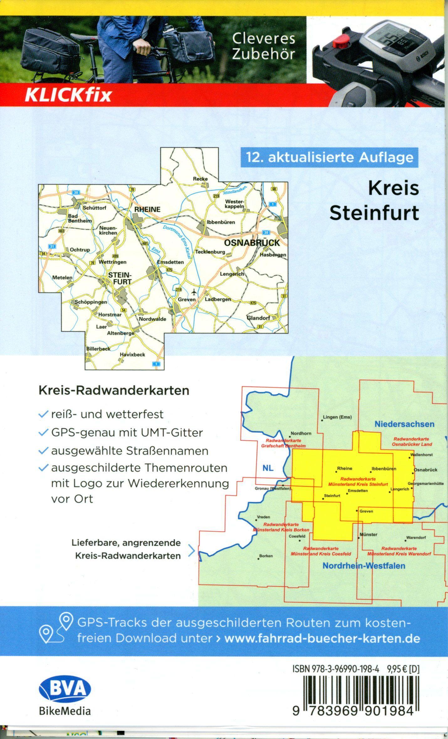 Beispielinhalt (Bild) BVA Radwanderkarte Kreis Steinfurt 1:50.000, mit Knotenpunkten und km-Angaben, reiß- und wetterfest, GPS-Tracks Download, E-Bike geeignet