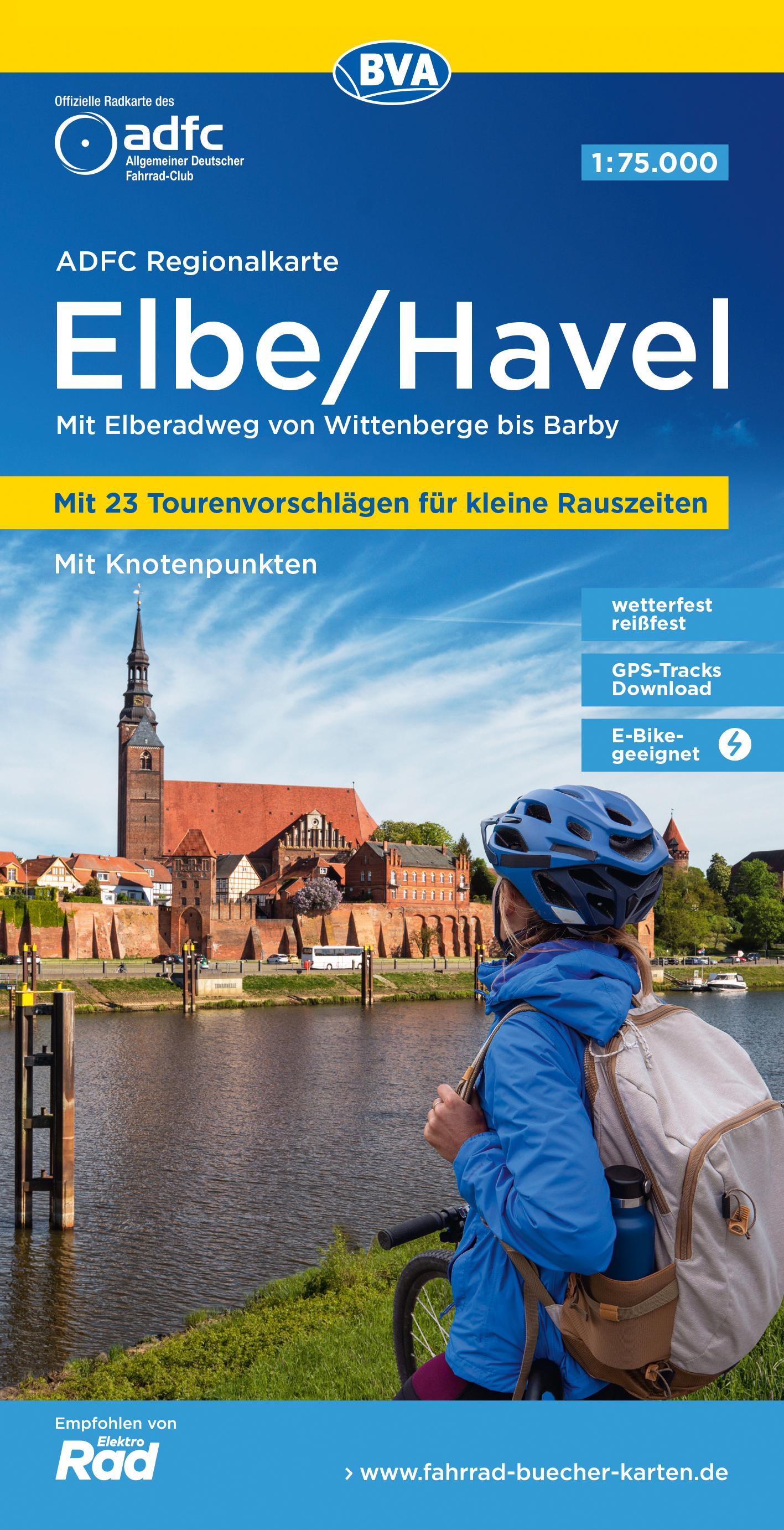 Vorderes Coverbild ADFC-Regionalkarte Elbe/Havel, 1:75.000, mit Tagestourenvorschlägen, mit Knotenpunkten, reiß- und wetterfest, E-Bike-geeignet, GPS-Tracks Download