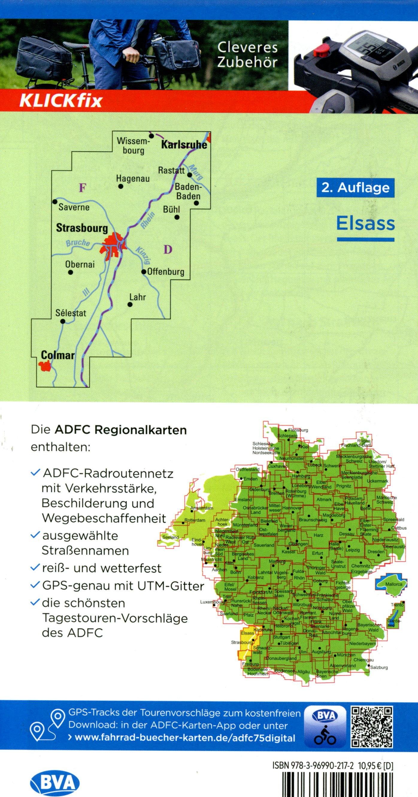 Beispielinhalt (Bild) ADFC-Regionalkarte Elsass, 1:75.000, mit Tagestourenvorschlägen, reiß- und wetterfest, E-Bike-geeignet, GPS-Tracks Download