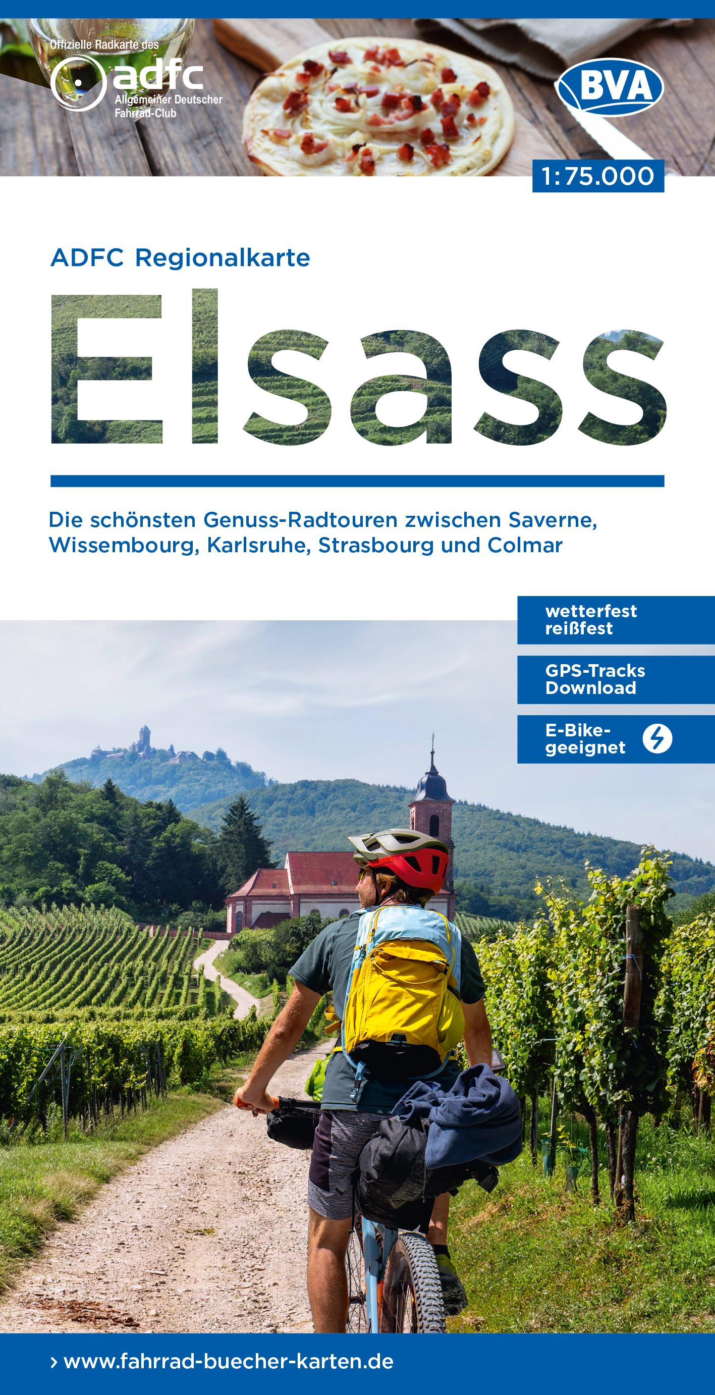 Vorderes Coverbild ADFC-Regionalkarte Elsass, 1:75.000, mit Tagestourenvorschlägen, reiß- und wetterfest, E-Bike-geeignet, GPS-Tracks Download