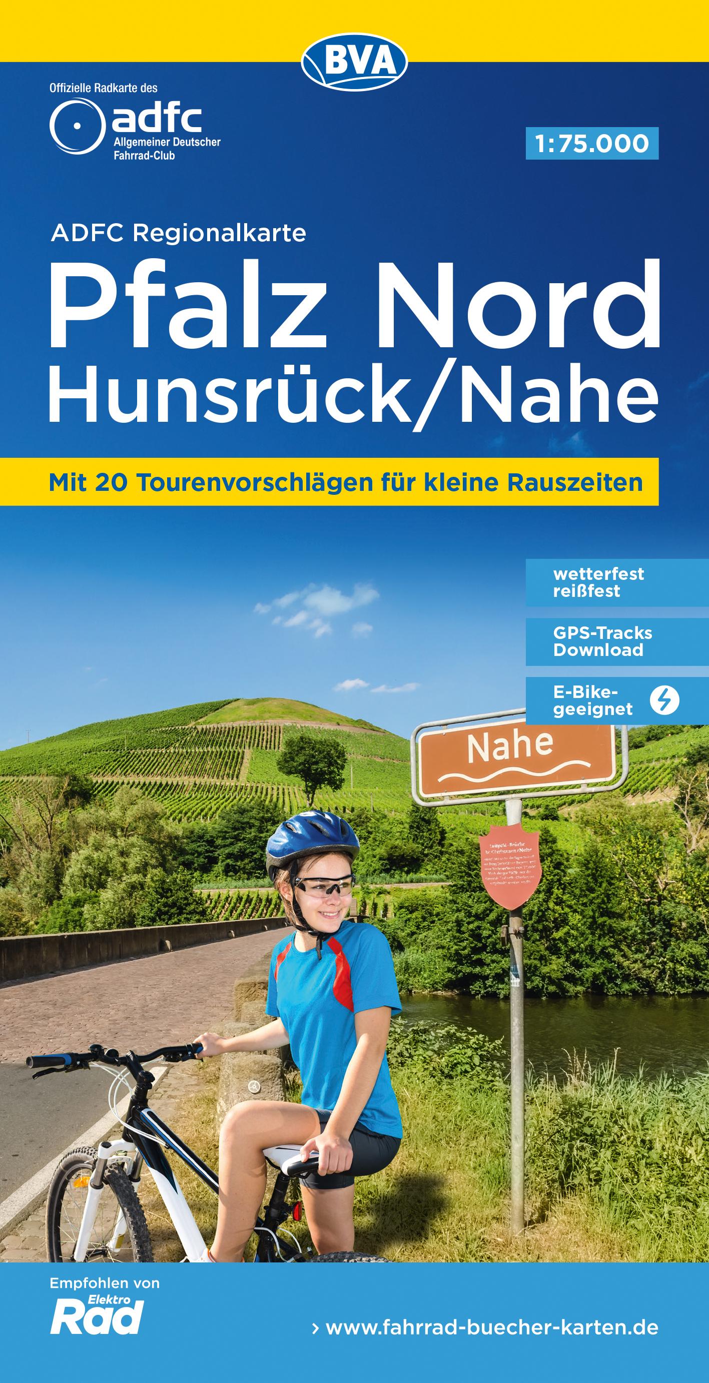 Vorderes Coverbild ADFC-Regionalkarte Pfalz Nord/ Hunsrück/ Nahe, 1:75.000, mit Tagestourenvorschlägen, reiß- und wetterfest, E-Bike-geeignet, GPS-Tracks Download