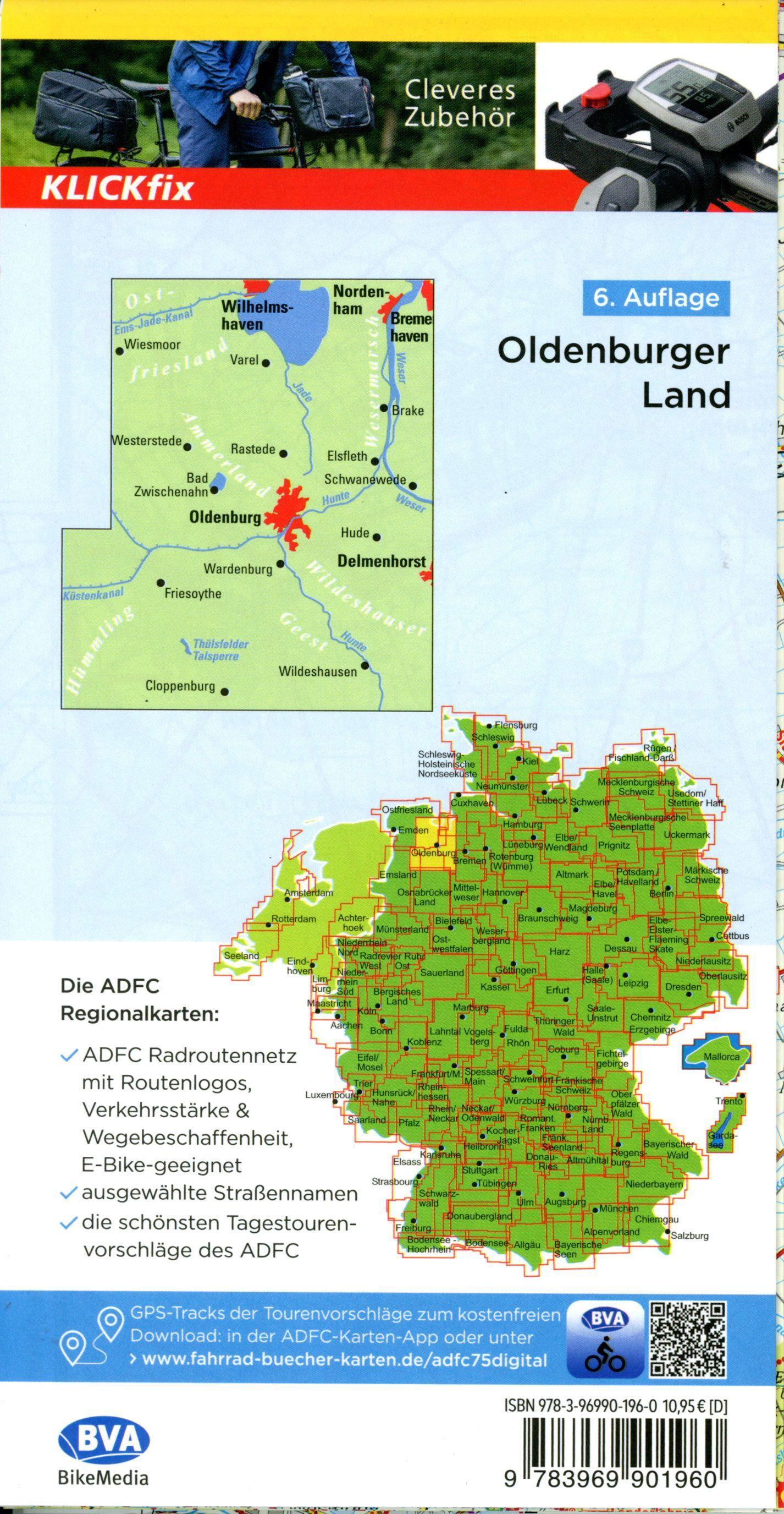 Beispielinhalt (Bild) ADFC-Regionalkarte Oldenburger Land, 1:75.000, mit Tagestourenvorschlägen, mit Knotenpunkten, reiß- und wetterfest, E-Bike-geeignet, GPS-Tracks Download
