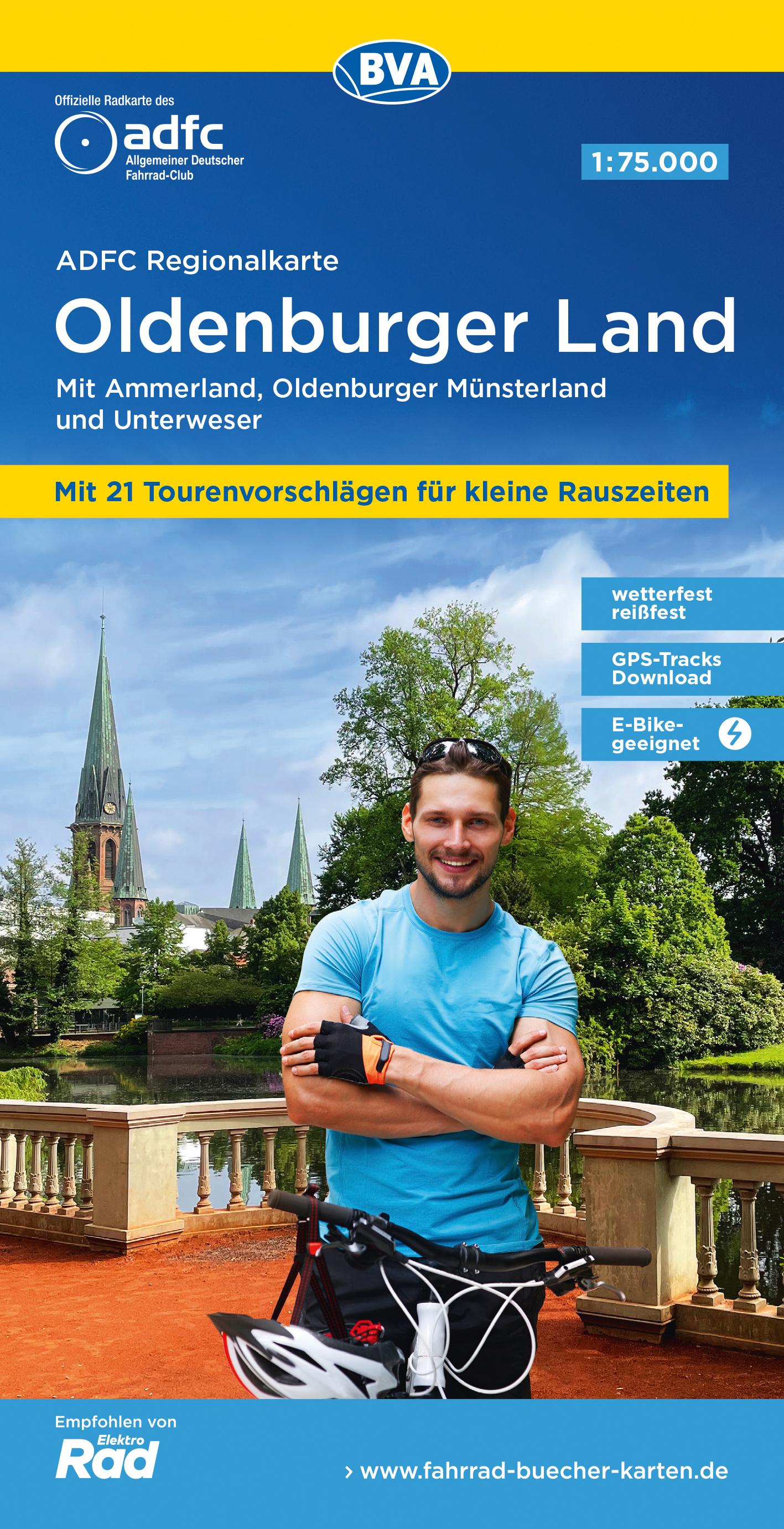 Vorderes Coverbild ADFC-Regionalkarte Oldenburger Land, 1:75.000, mit Tagestourenvorschlägen, mit Knotenpunkten, reiß- und wetterfest, E-Bike-geeignet, GPS-Tracks Download