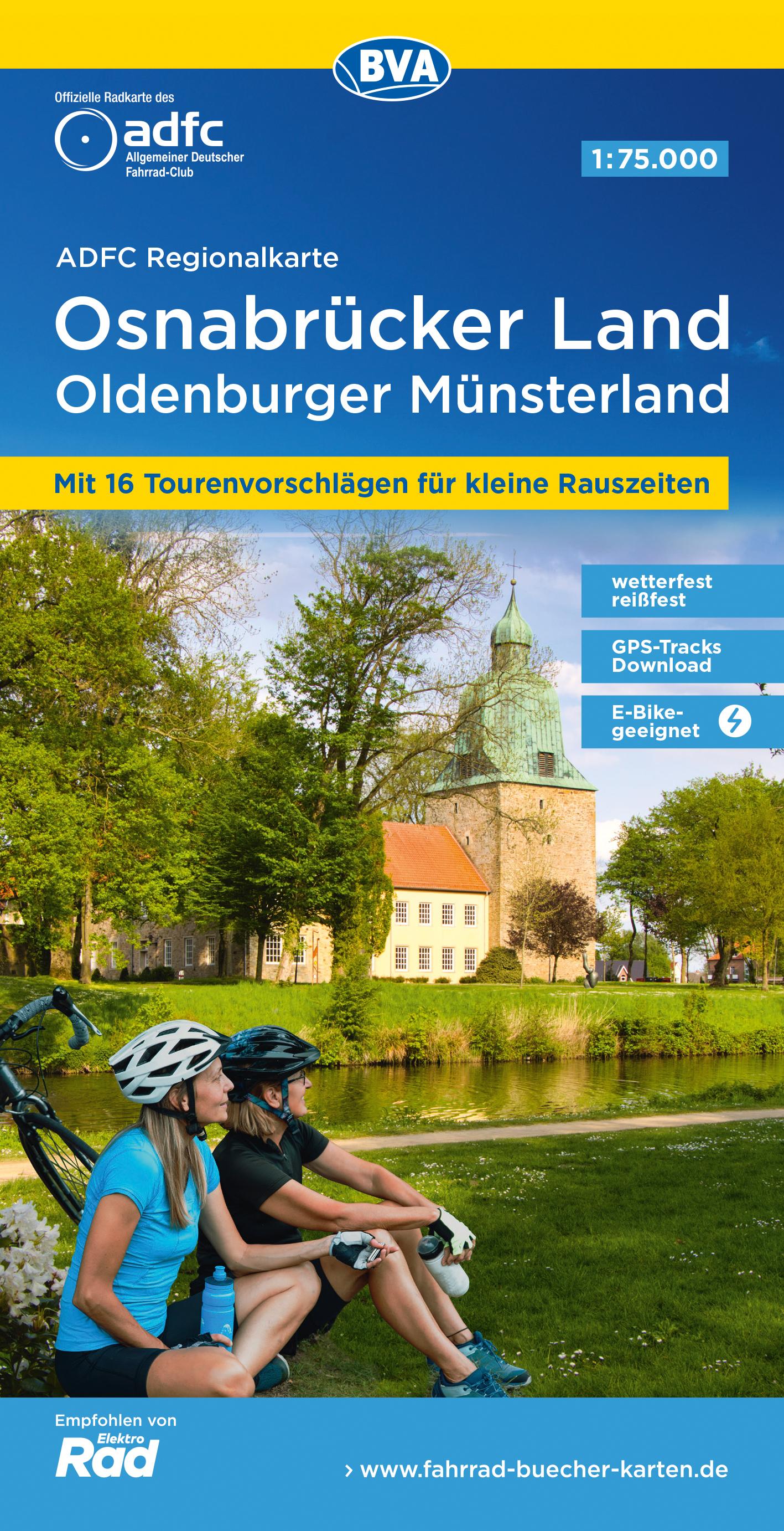 Vorderes Coverbild ADFC-Regionalkarte Osnabrücker Land /Oldenburger Münsterland, 1:75.000, mit Tagestourenvorschlägen, reiß- und wetterfest, E-Bike-geeignet, mit Knotenpunkten, GPS-Tracks Download