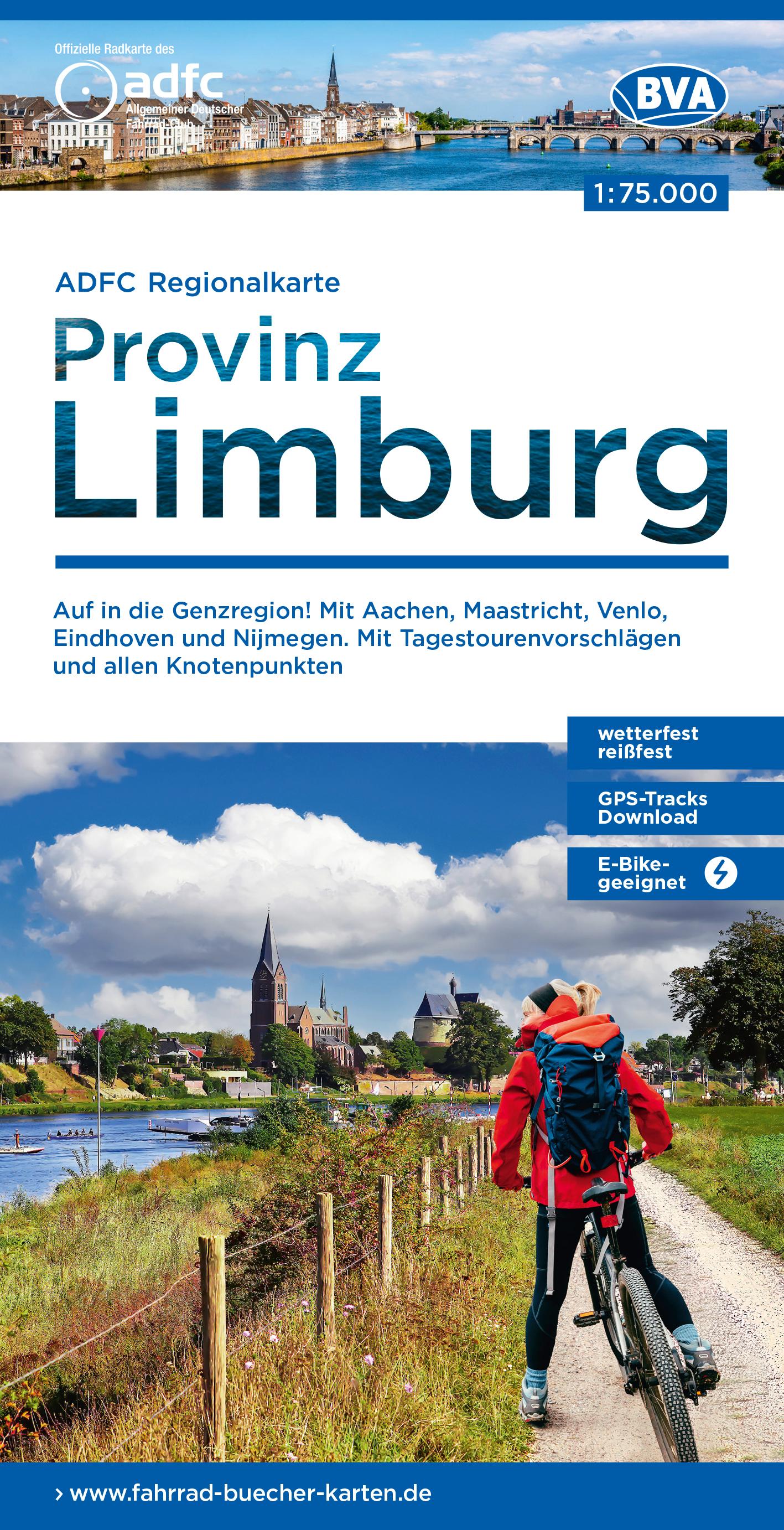 Vorderes Coverbild ADFC-Regionalkarte Limburg, 1:75.000, mit Tagestourenvorschlägen und allen Knotenpunkten, reiß- und wetterfest, E-Bike-geeignet, GPS-Tracks Download