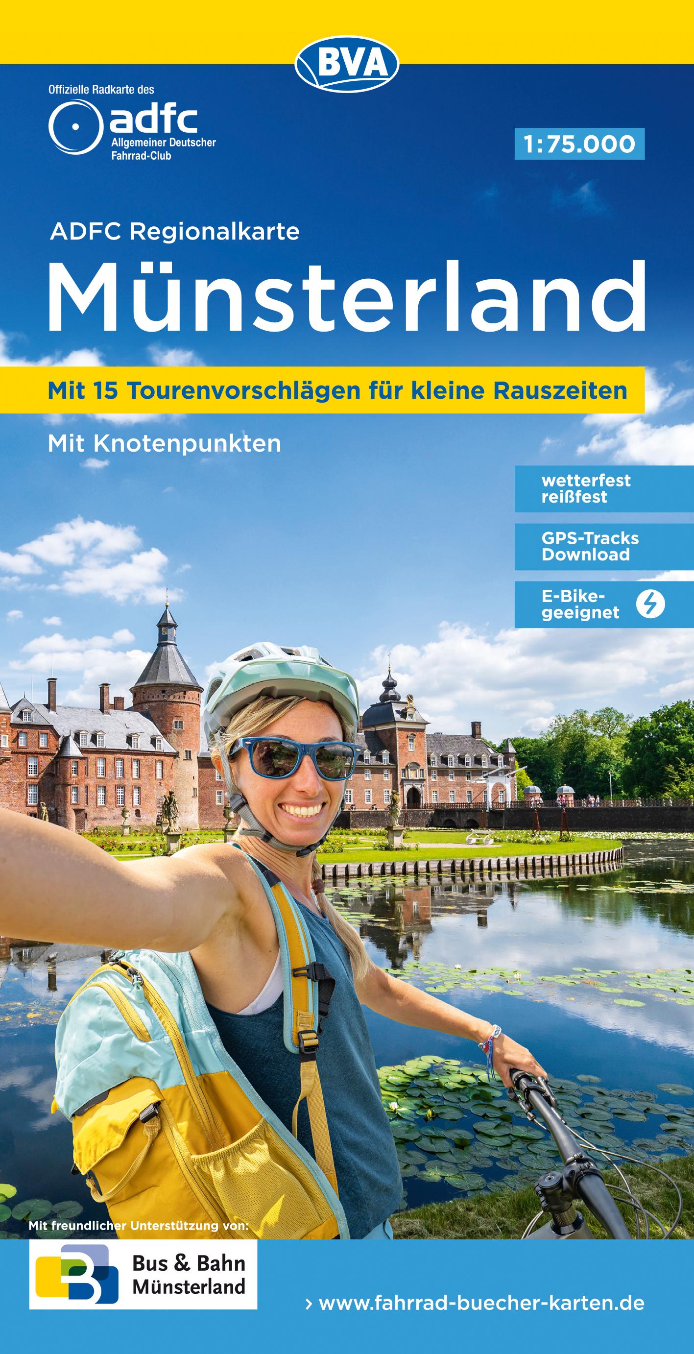 Vorderes Coverbild ADFC-Regionalkarte Münsterland, 1:75.000, mit Tagestourenvorschlägen, reiß- und wetterfest, E-Bike-geeignet, mit Knotenpunkten, GPS-Tracks-Download