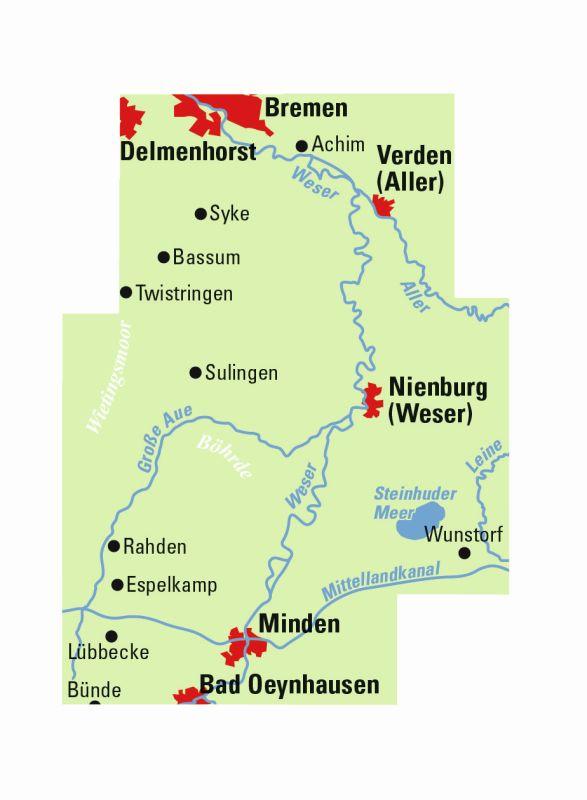 Beispielinhalt (Bild) ADFC-Regionalkarte Bremen-Minden Mittelweser, 1:75.000, mit Tagestourenvorschlägen, reiß- und wetterfest, E-Bike-geeignet, GPS-Tracks Download