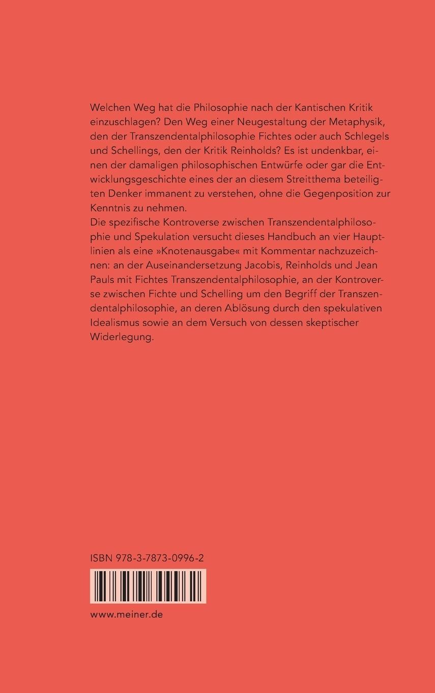 Rückseitencover Transzendentalphilosophie und Spekulation