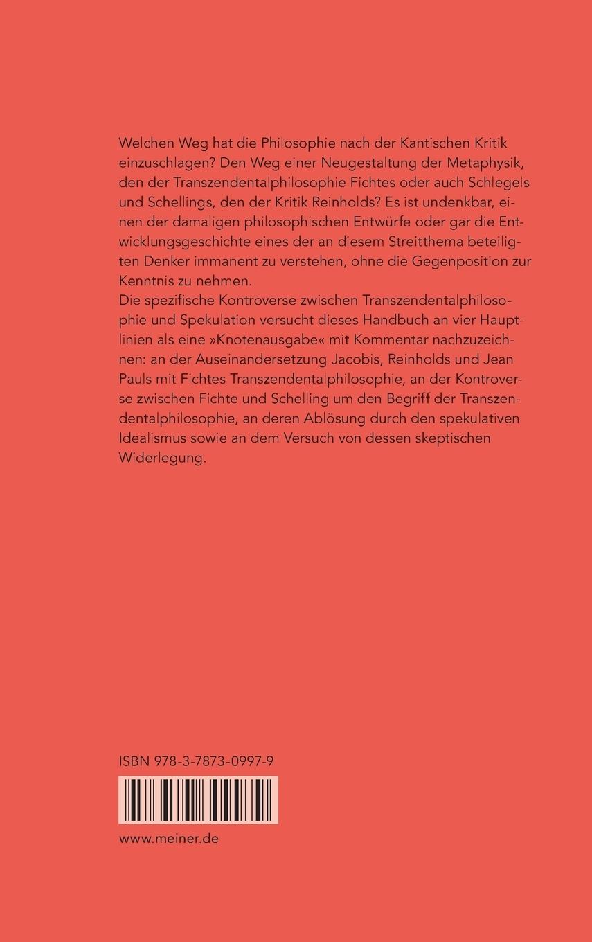 Rückseitencover Transzendentalphilosophie und Spekulation. Quellen