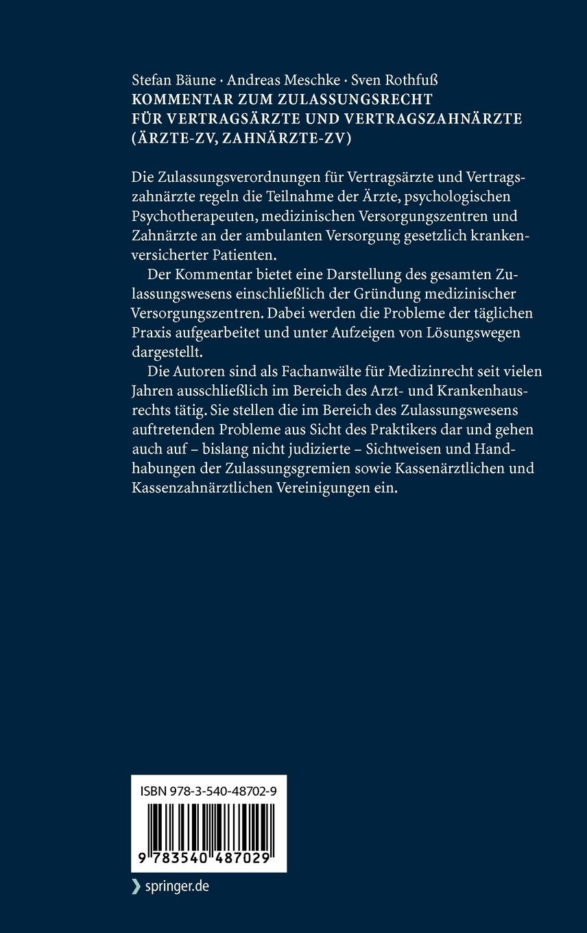 Rückseitencover Kommentar zur Zulassungsverordnung für Vertragsärzte und Vertragszahnärzte (Ärzte-ZV, Zahnärzte-ZV)