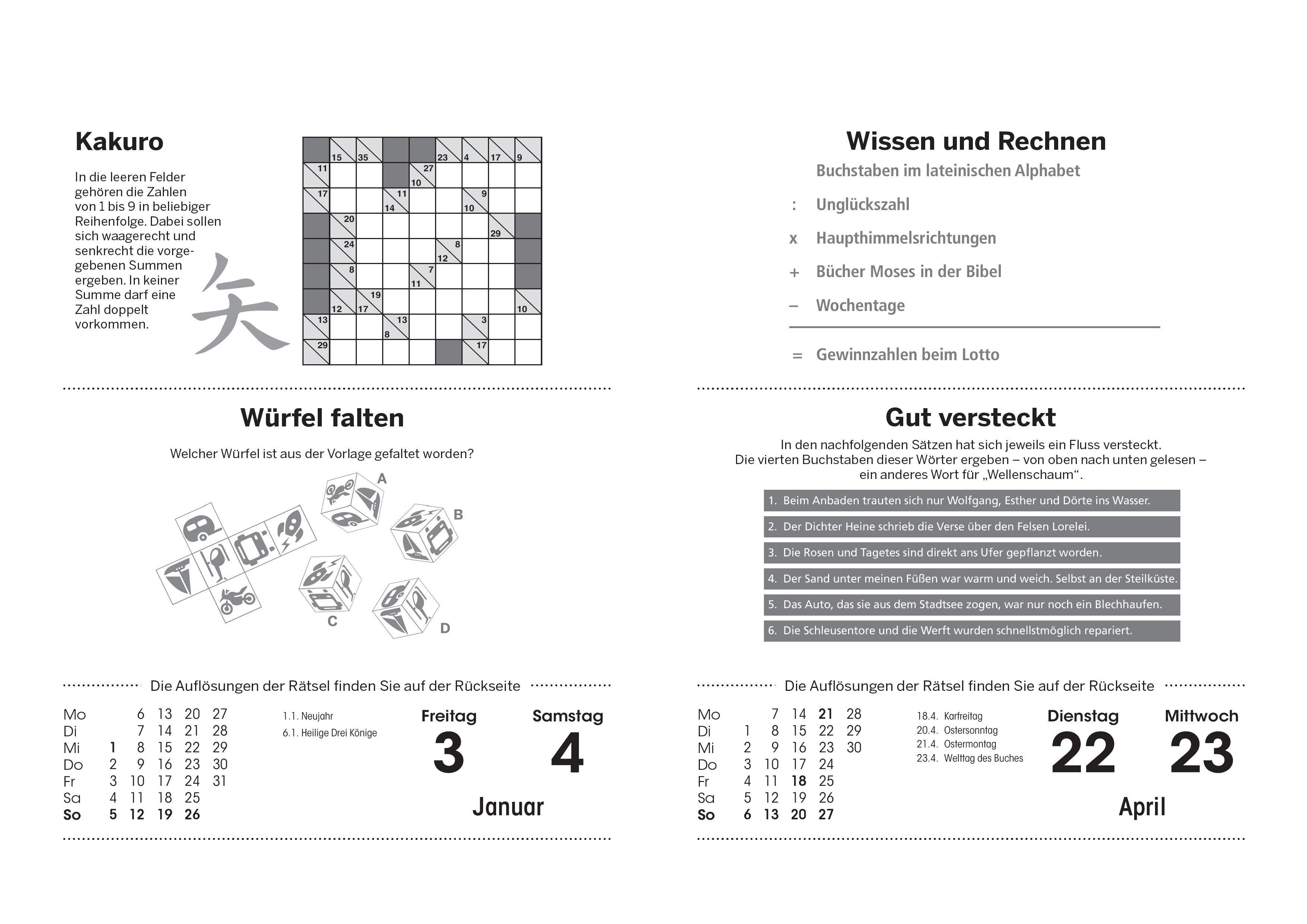 Beispielinhalt (Bild) Fit im Kopf - der Gehirnjogging-Kalender 2025. Jeden Tag Denksport mit dem beliebten Abreißkalender