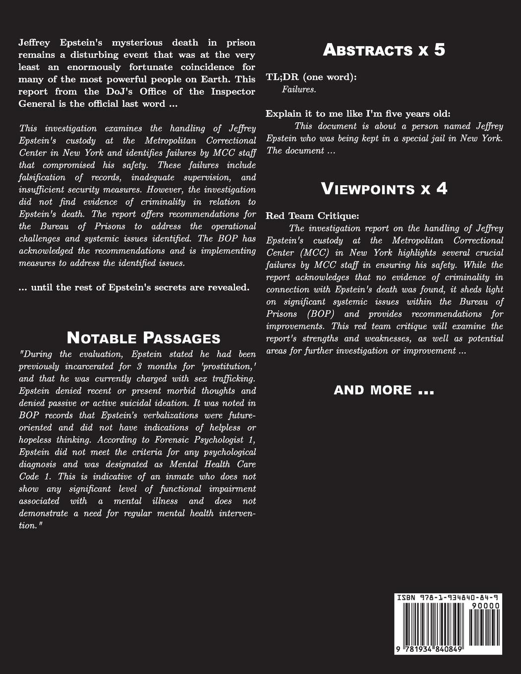 Rückseitencover Investigation and Review of the Federal Bureau of Prisons' Custody, Care, and Supervision of Jeffrey Epstein at the Metropolitan Correctional Center in New York, New York
