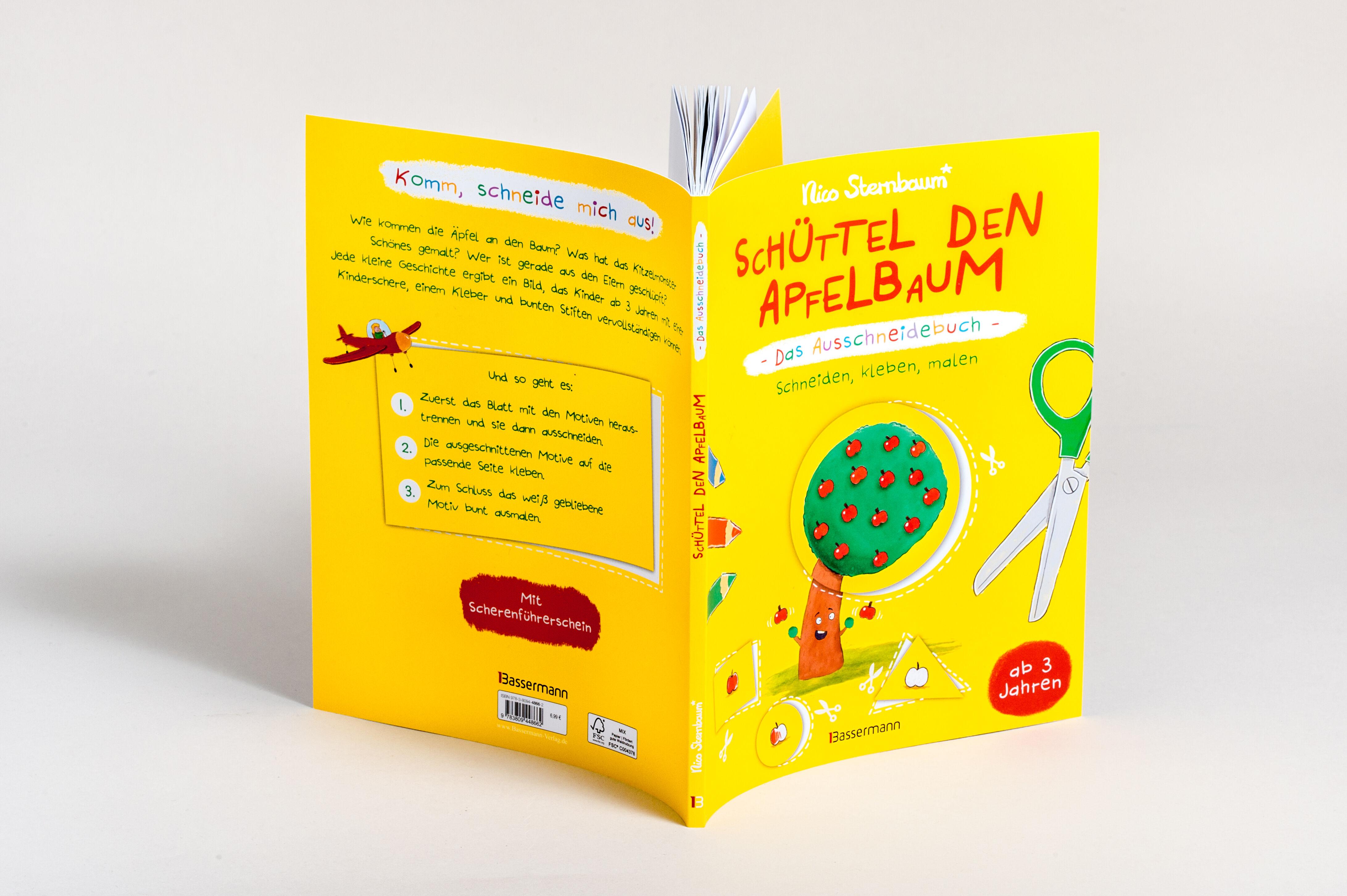 Beispielinhalt (Bild) Schüttel den Apfelbaum - Das Ausschneidebuch. Schneiden, kleben, malen für Kinder ab 3 Jahren