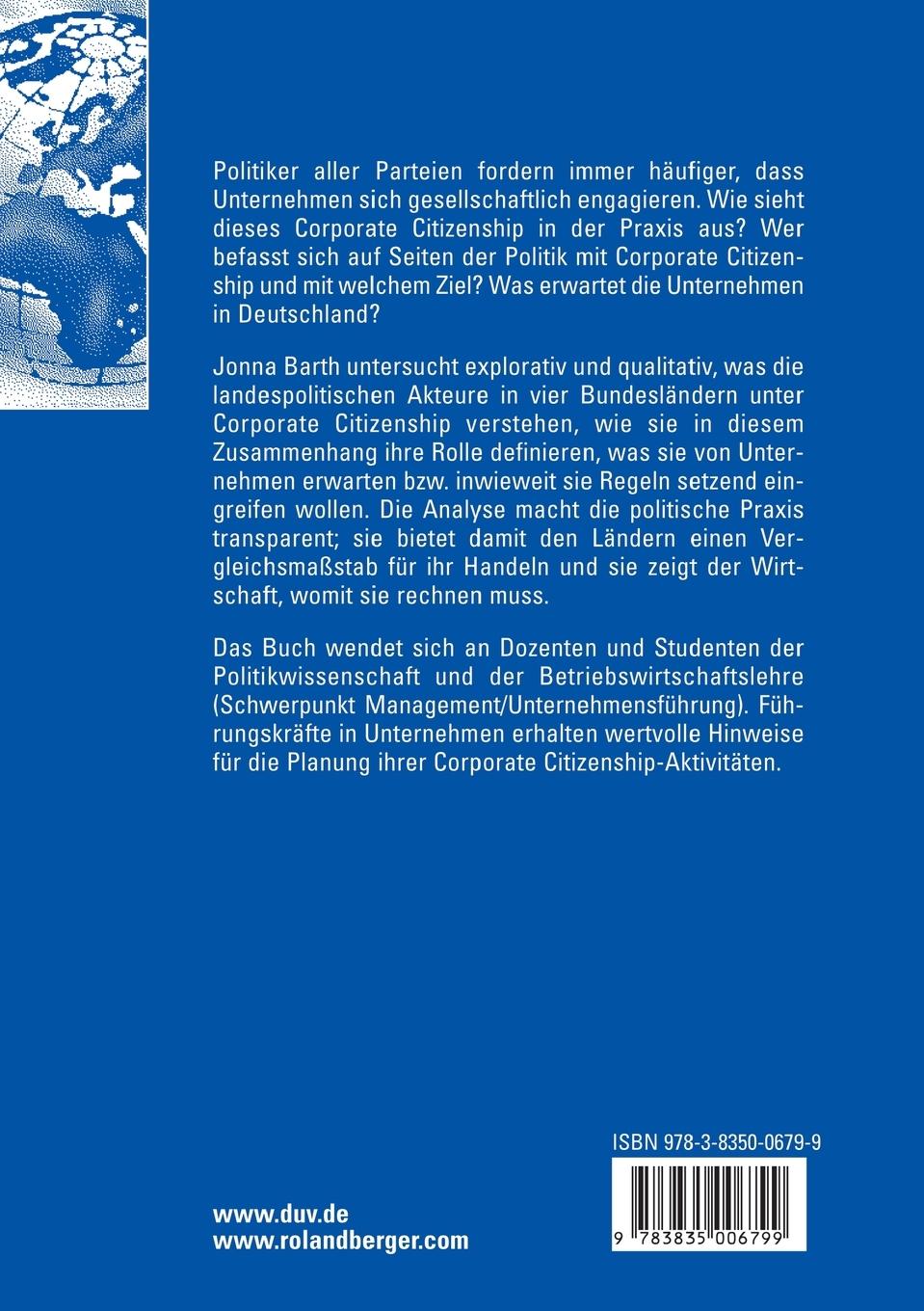 Rückseitencover Corporate Citizenship aus der Sicht der Landespolitik