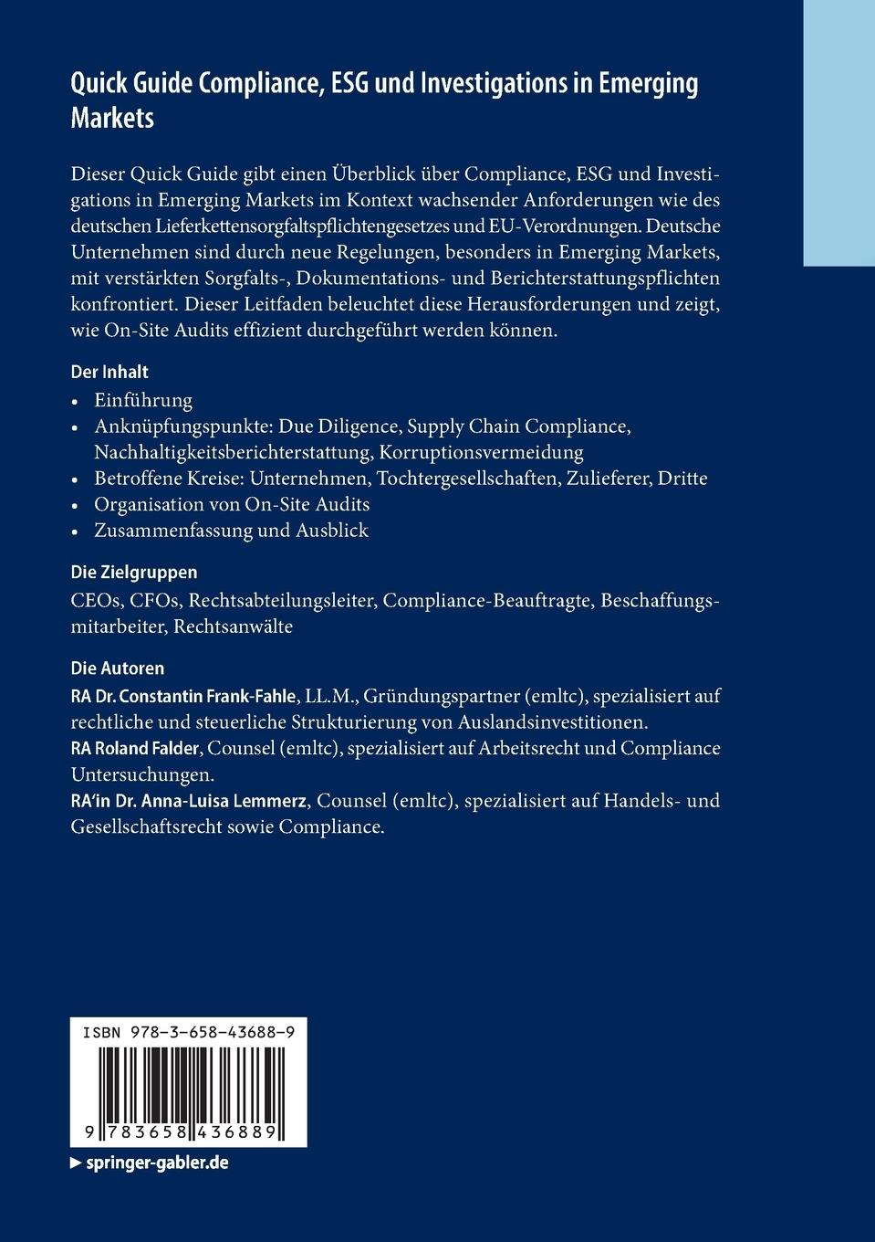 Rückseitencover Quick Guide Compliance, ESG und Investigations in Emerging Markets