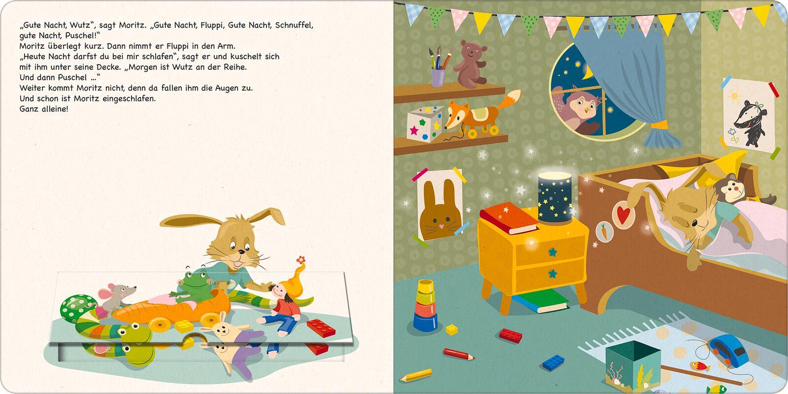 Beispielinhalt (Bild) Moritz Moppelpo schläft alleine ein