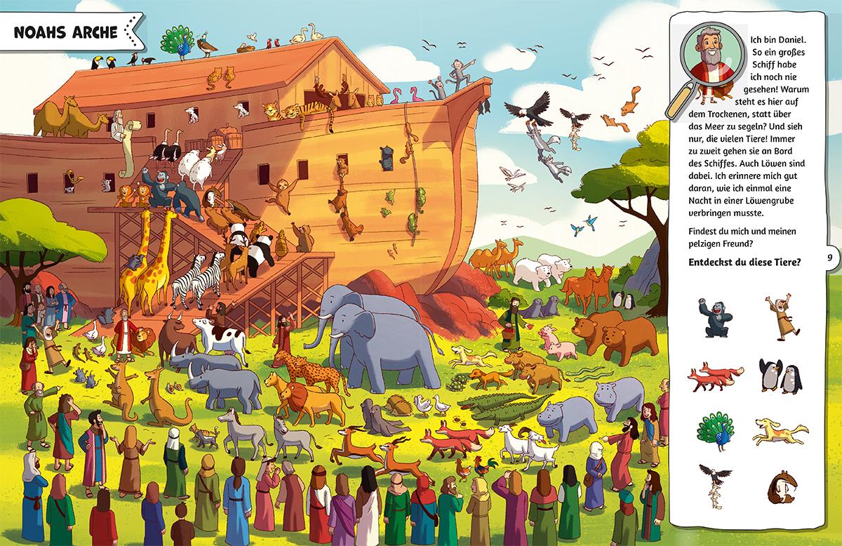 Beispielinhalt (Bild) Meine Such- und Wimmelbibel. Finde die Person, die nicht in die Geschichte gehört! Ein kunterbuntes Wimmelbuch zu den schönsten Bibel-Geschichten für Kinder. Mit spannenden Such-Rätselaufgaben