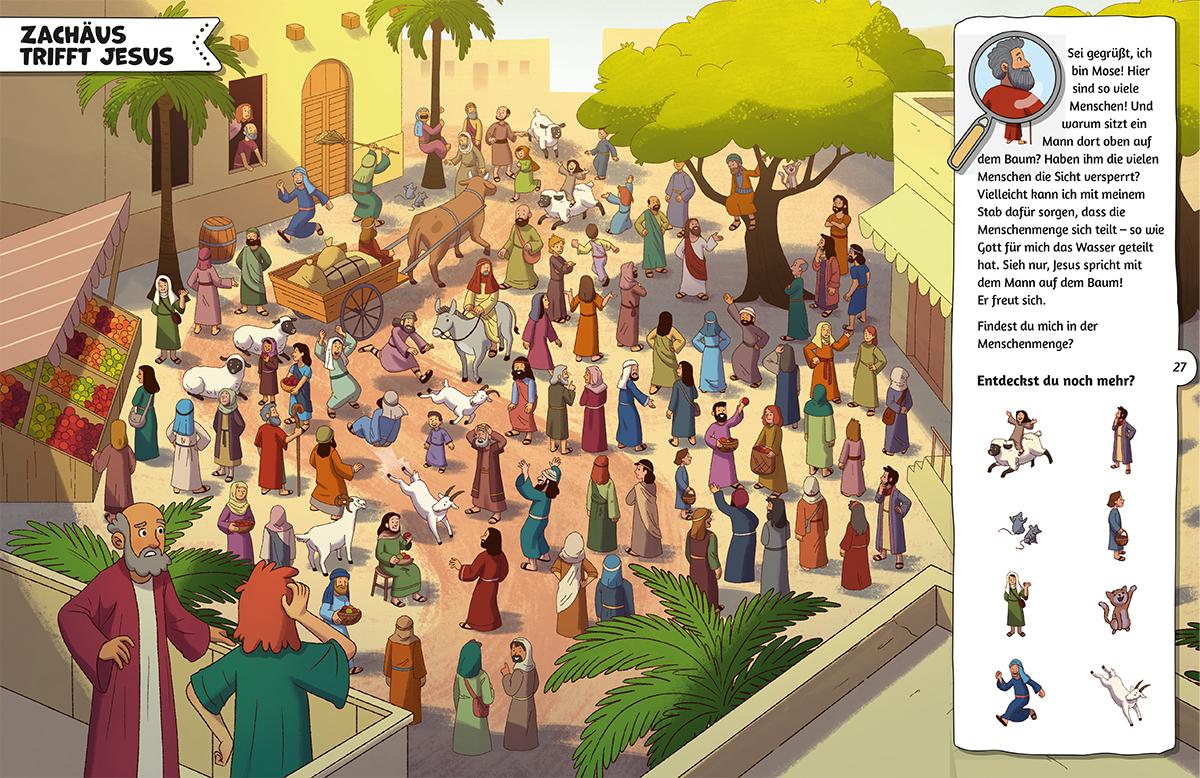 Beispielinhalt (Bild) Meine Such- und Wimmelbibel. Finde die Person, die nicht in die Geschichte gehört! Ein kunterbuntes Wimmelbuch zu den schönsten Bibel-Geschichten für Kinder. Mit spannenden Such-Rätselaufgaben