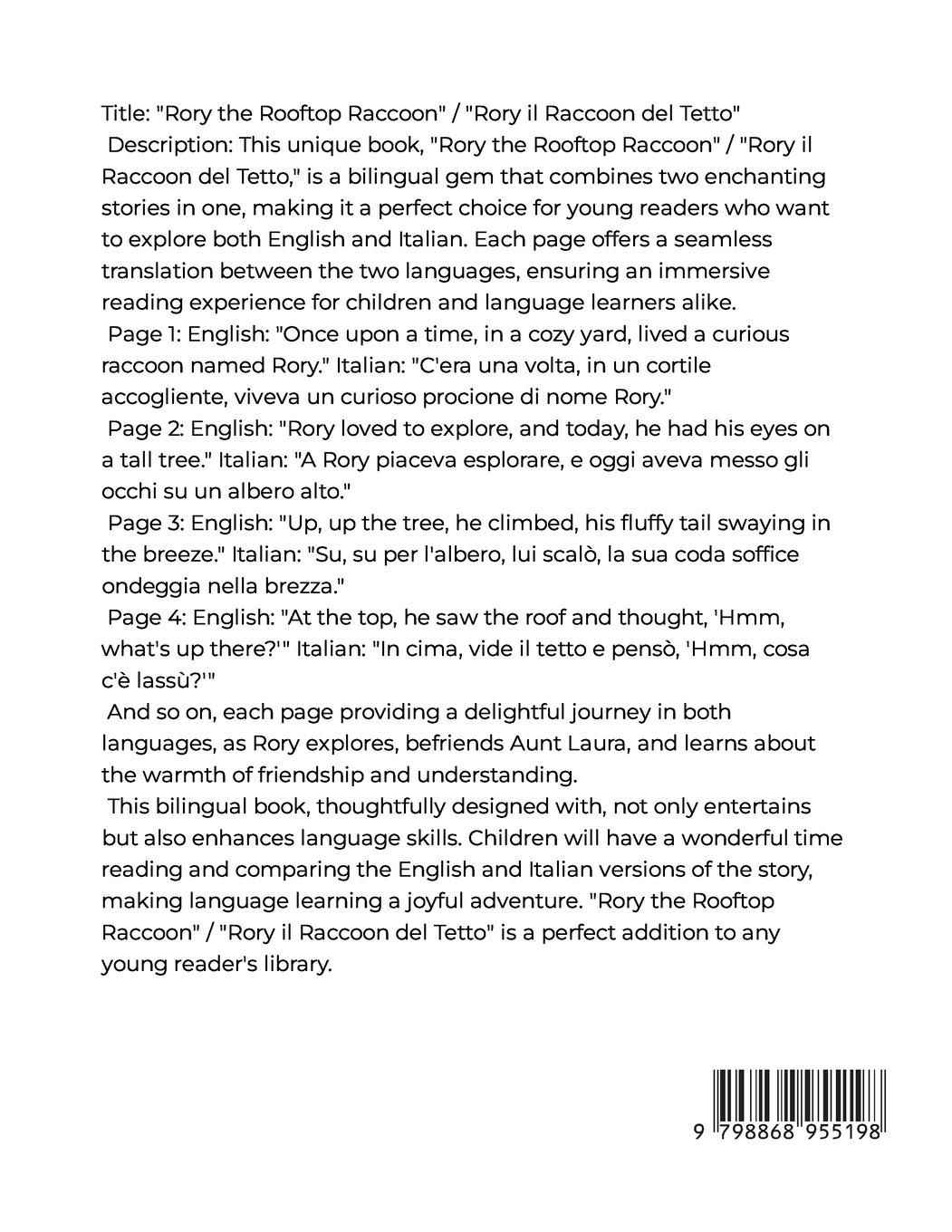 Rückseitencover Rory il Raccoon del Tetto (Italiano)