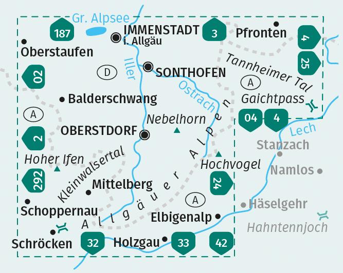 Beispielinhalt (Bild) KOMPASS Wanderkarten-Set 003 Allgäuer Alpen, Oberstdorf, Sonthofen, Kleinwalsertal, Tannheimer Tal (2 Karten) 1:25.000