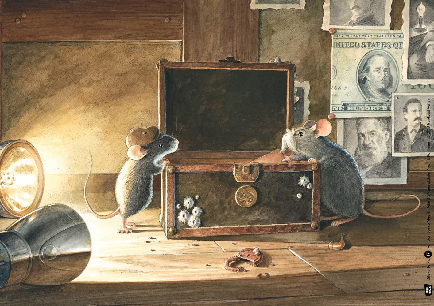 Beispielinhalt (Bild) Edison. Das Rätsel des verschollenen Mauseschatzes. Kamishibai Bildkartenset