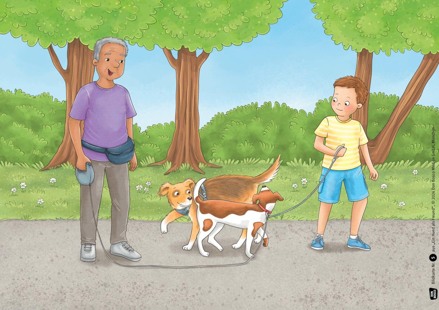 Beispielinhalt (Bild) Ein Hund als Freund. Leben mit einem Haustier: viel Freude - viele Aufgaben. Kamishibai Bildkartenset