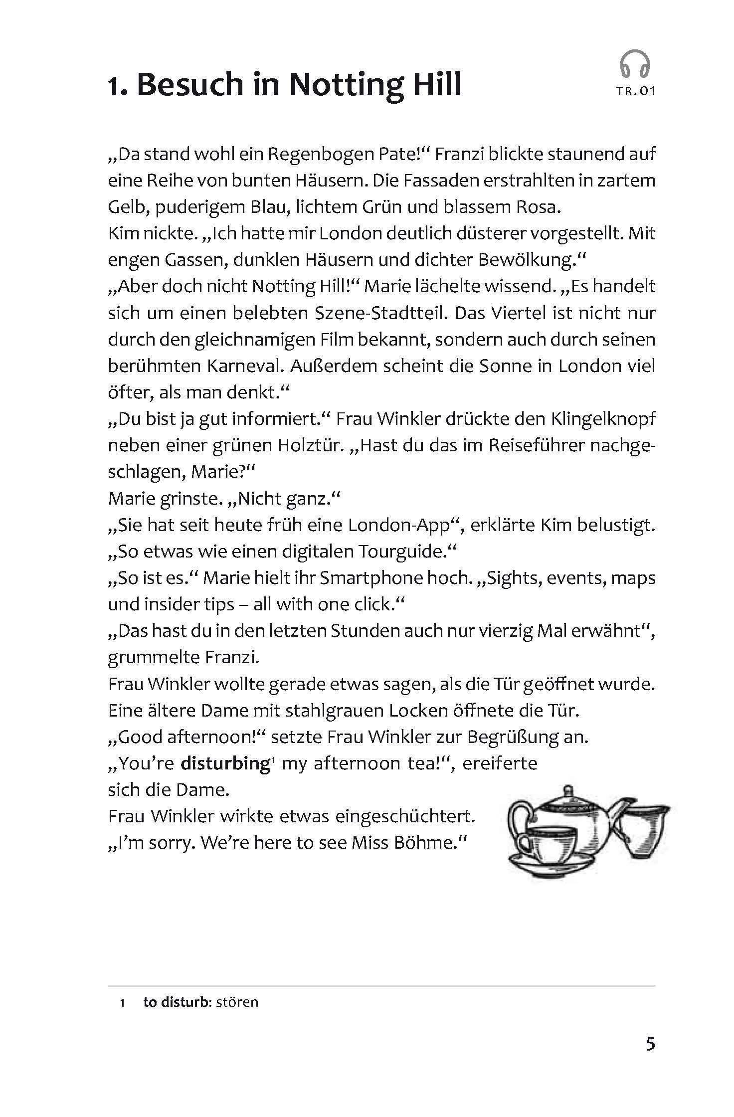 Beispielinhalt (Bild) PONS Die Drei !!! - Tea and Crimes in London