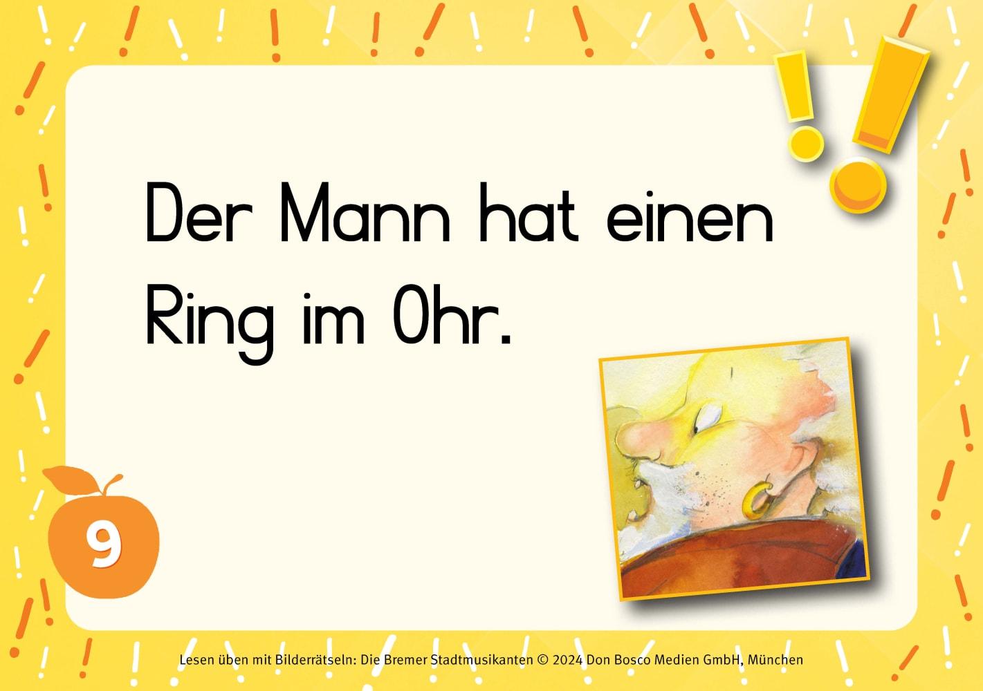 Beispielinhalt (Bild) Lesen üben mit Bilderrätseln zu den Bremer Stadtmusikanten. 34 Bildkarten zur Leseförderung